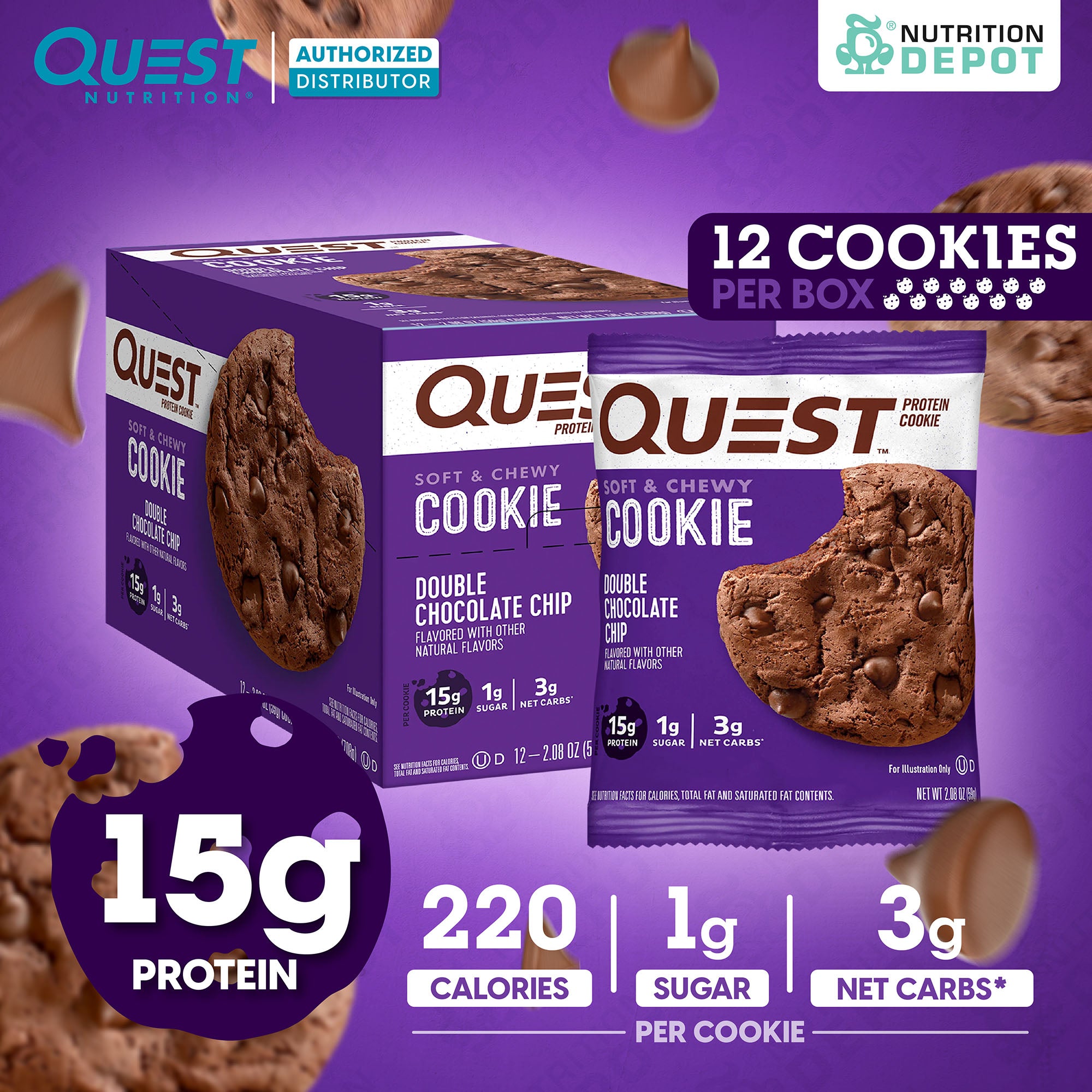 โปรตีนคุกกี้ Quest Protein Cookie Double Chocolate Chip 1 Box (12 Pieces)