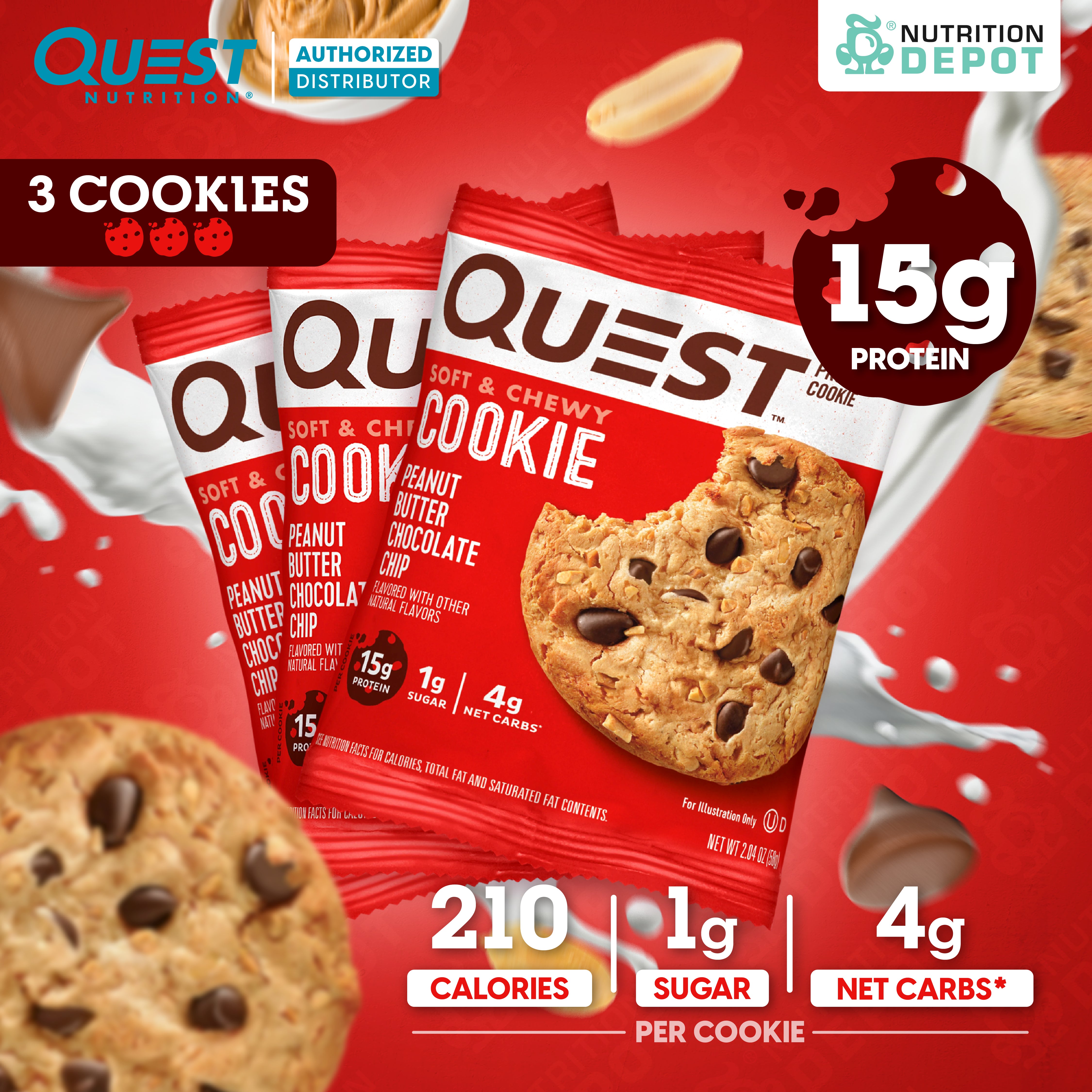 โปรตีนคุกกี้ Quest Protein Cookie Peanut Butter Chocolate Chip 3 Pieces