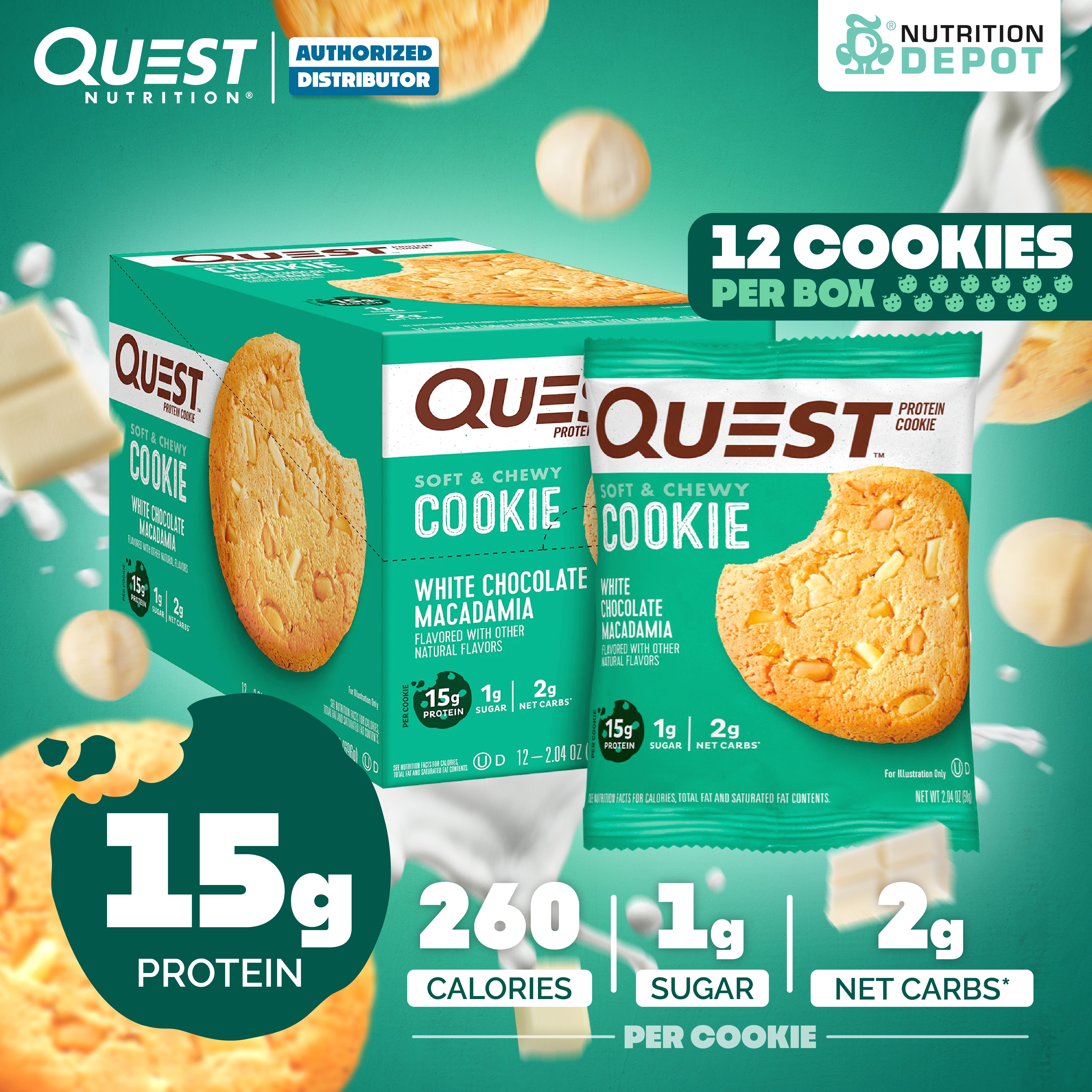 โปรตีนคุกกี้ Quest Protein Cookie White Chocolate Macadamia 1 Box (12 Pieces)