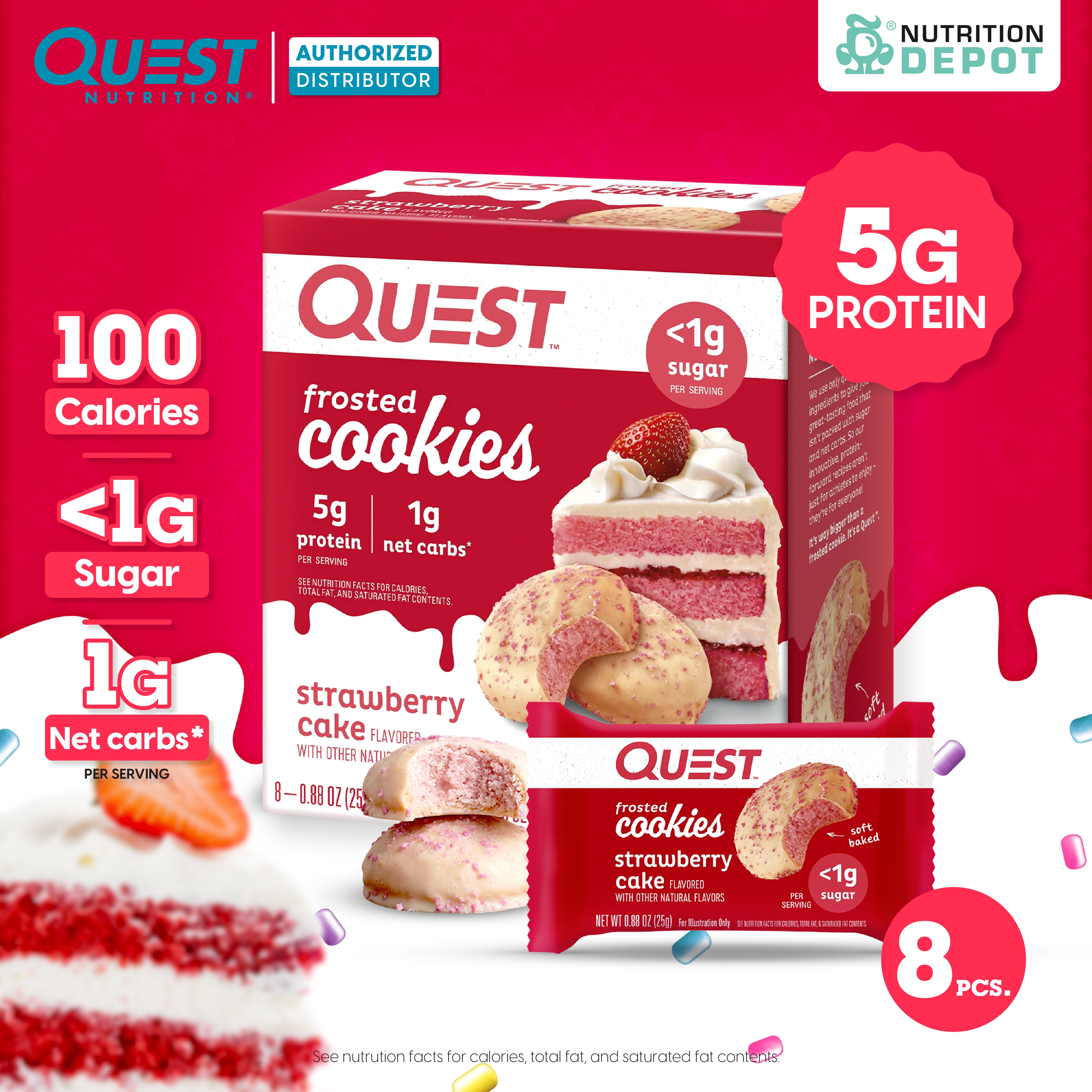 Quest Protein Frosted Cookie Strawberry Cake - 1 Box (8 Pieces)