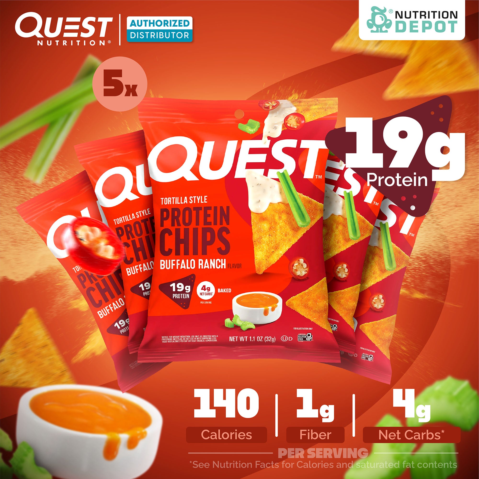 Quest Protein Chips Tortilla Style - Buffalo Ranch (5 Bag) ขนมโปรตีนอบกรอบ