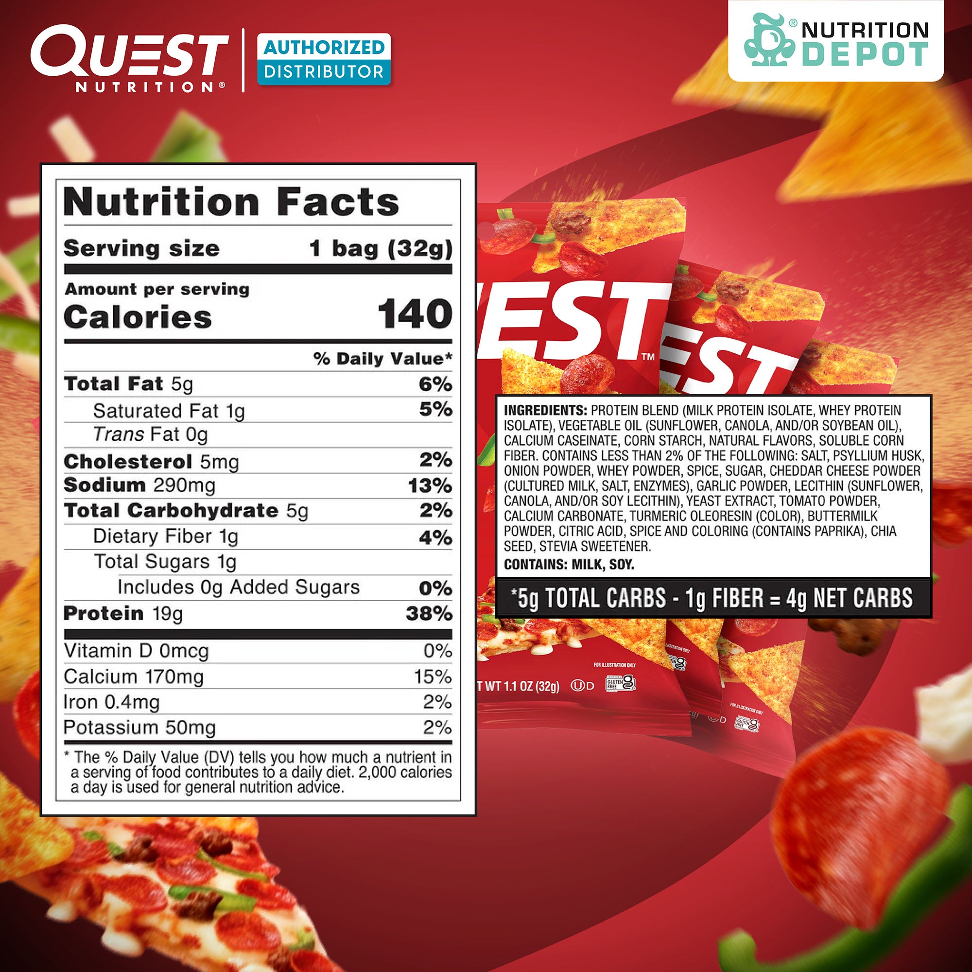 Quest Protein Chips Tortilla Style - Pizza 1 Box (8 Bag) ขนมโปรตีนอบกรอบ