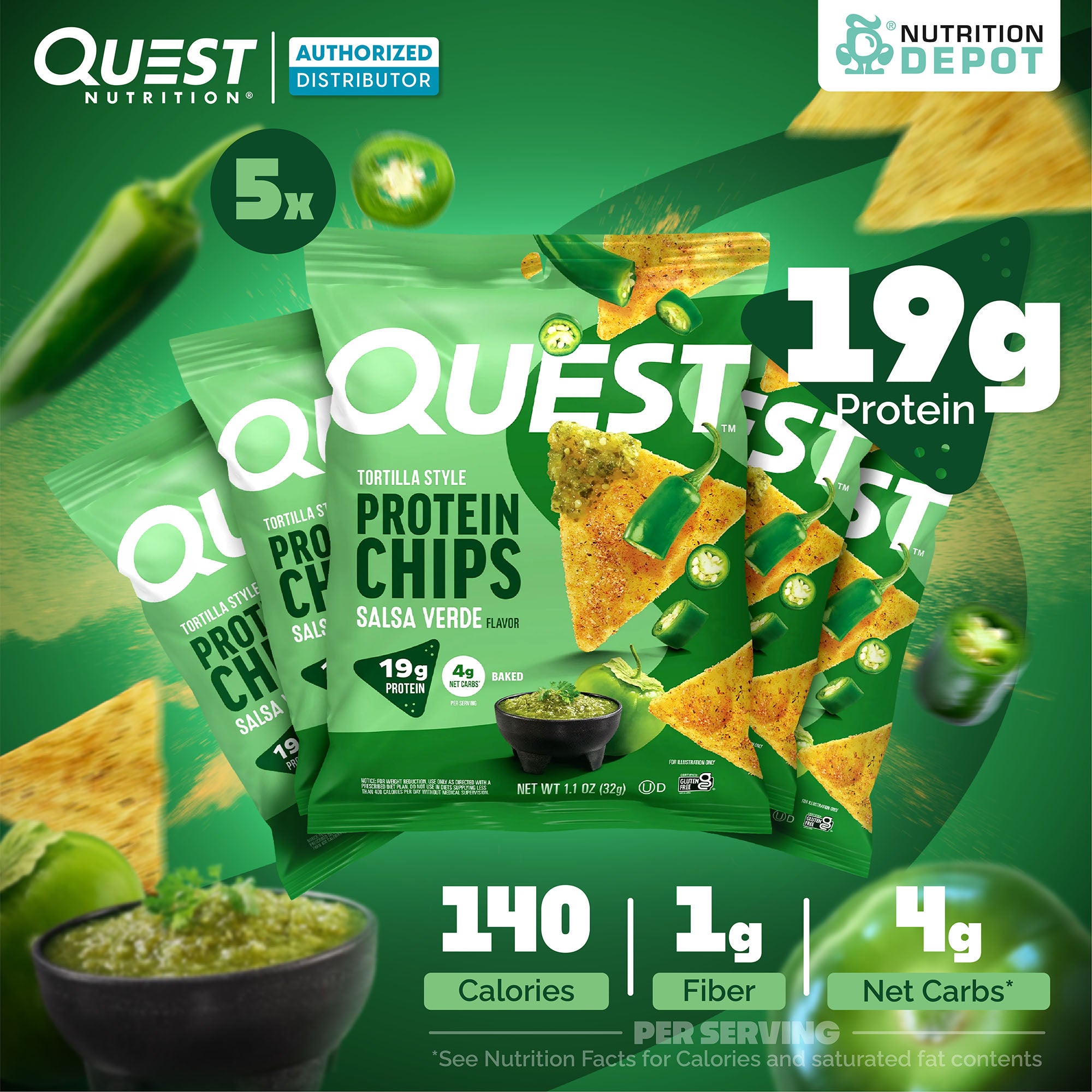 Quest Protein Chips Tortilla Style - Salsa Verde(5 Bag) ขนมโปรตีนอบกรอบ