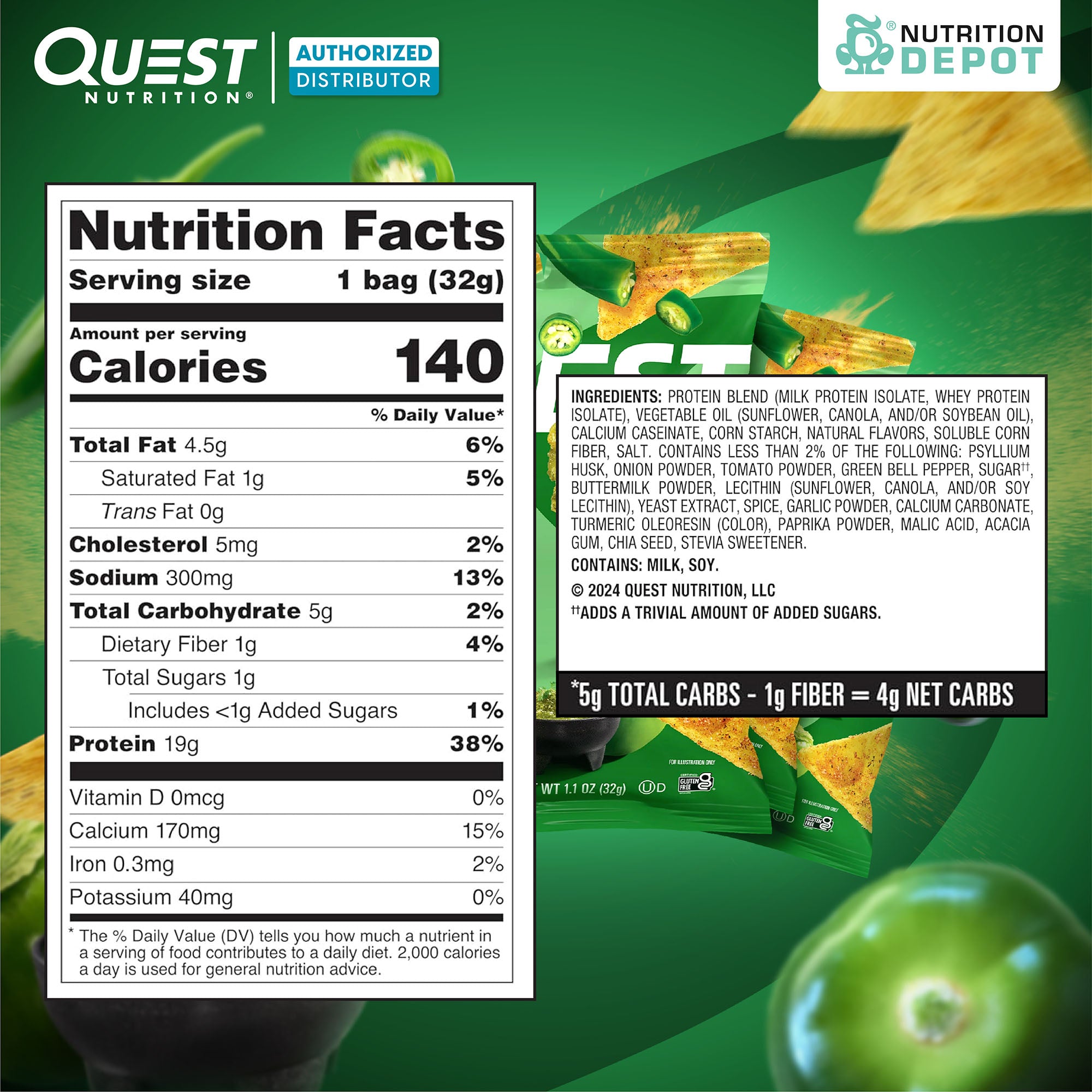 Quest Protein Chips Tortilla Style - Salsa Verde(5 Bag) ขนมโปรตีนอบกรอบ