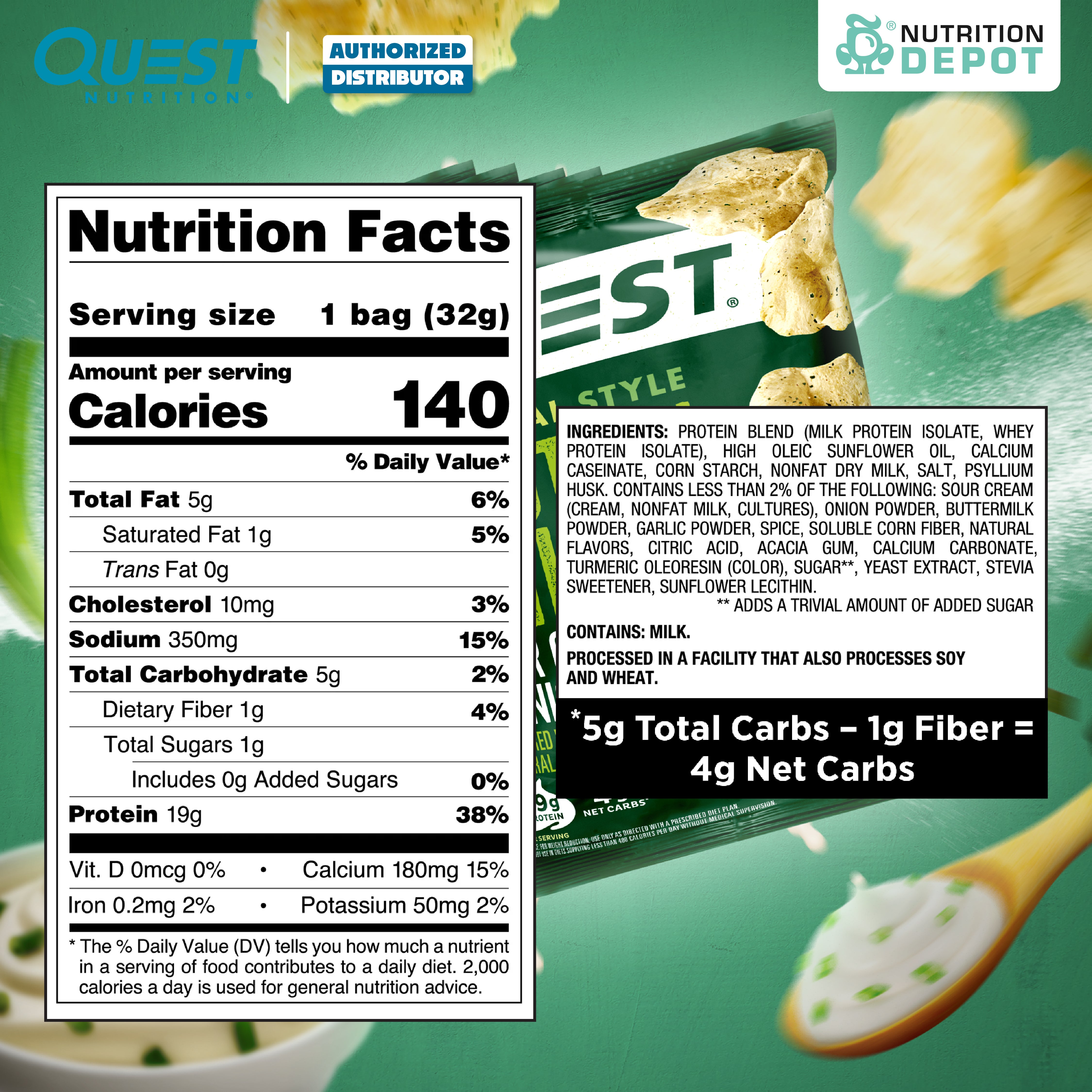 BBF.01/JAN/25 Quest Protein Chips Original Style - Sour Cream & Onion 1 Box (8 Bag) ขนมโปรตีนอบกรอบ