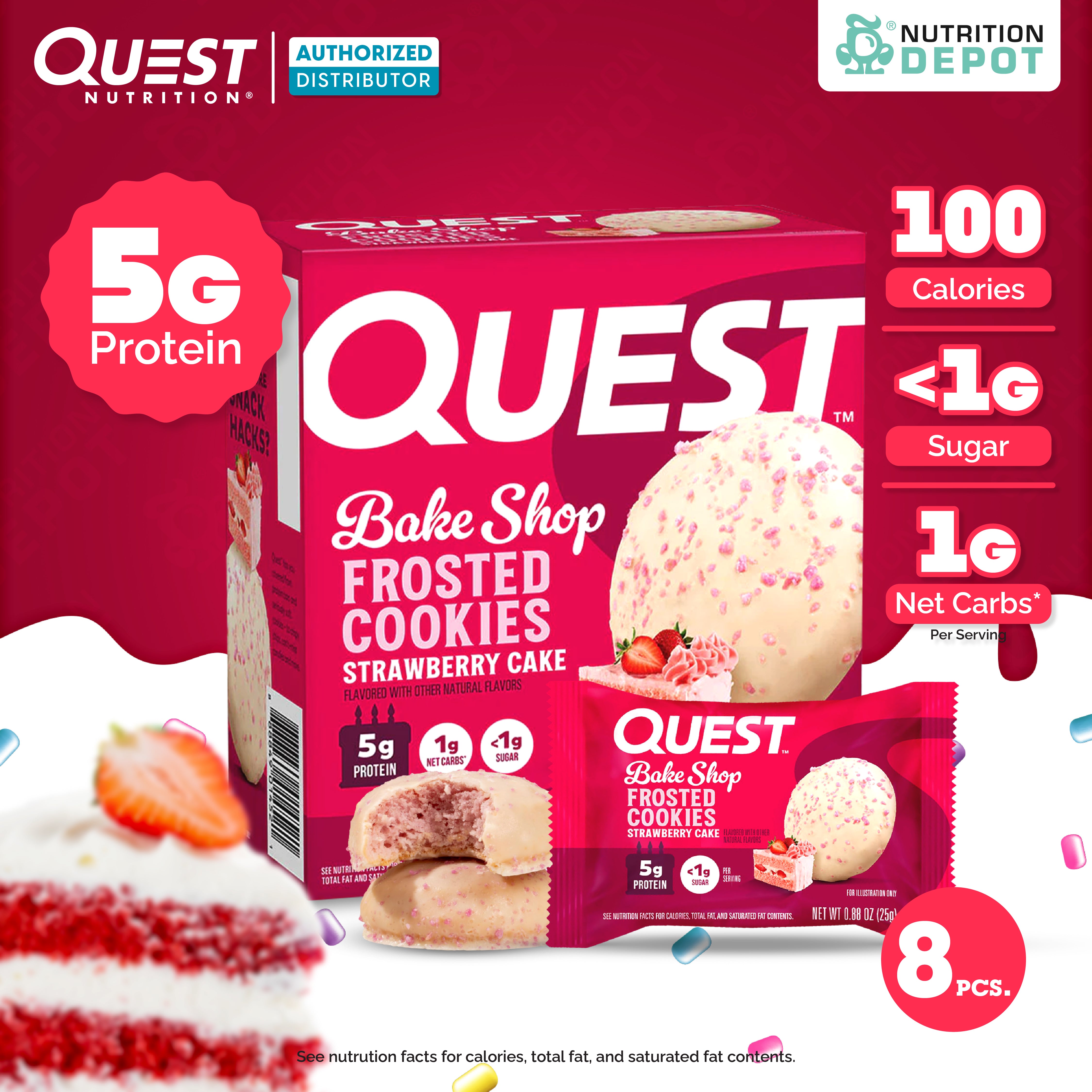 Quest Protein Frosted Cookie Strawberry Cake - 1 Box (8 Pieces)