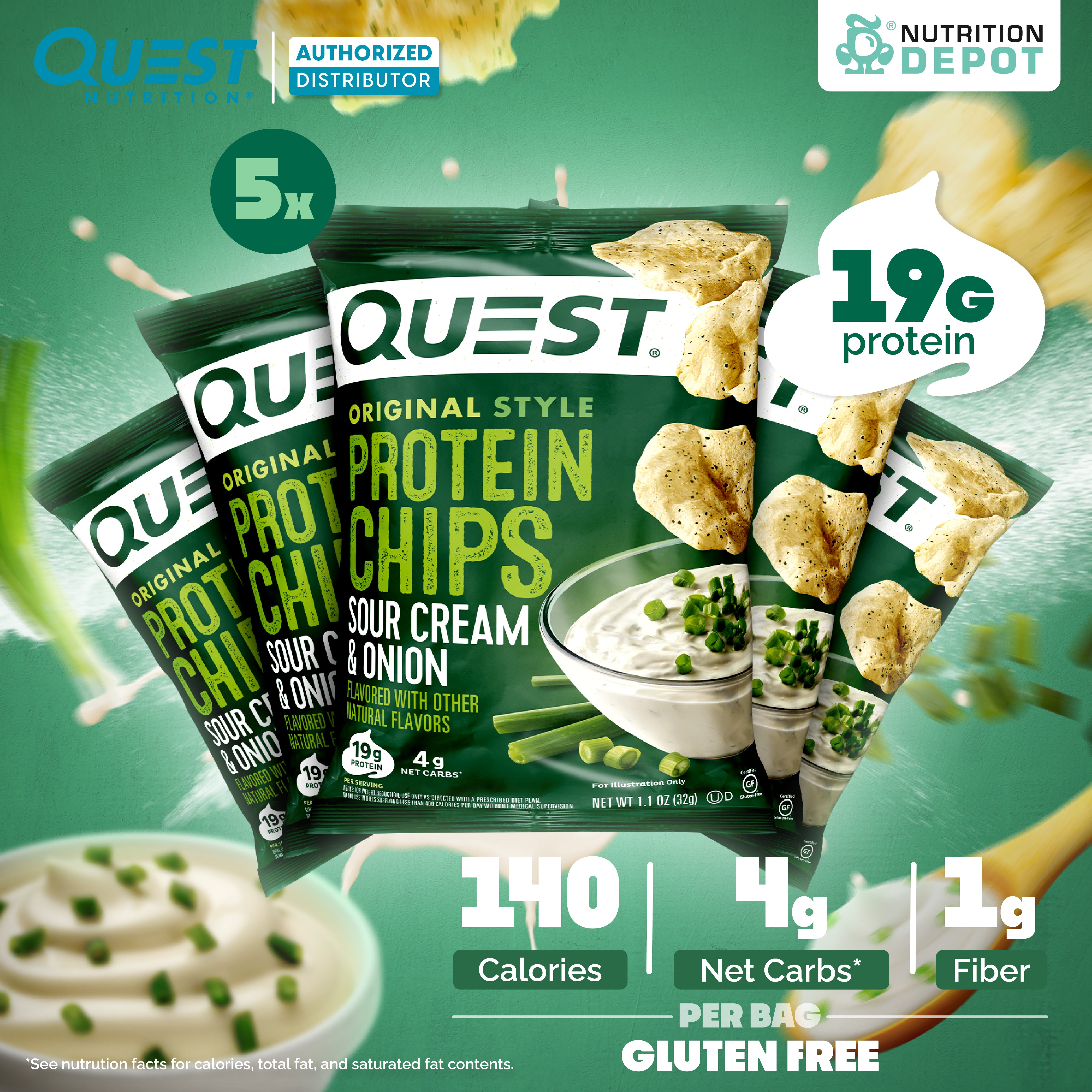 Quest Protein Chips Original Style - Sour Cream & Onion (5 Bag) ขนมโปรตีนอบกรอบ