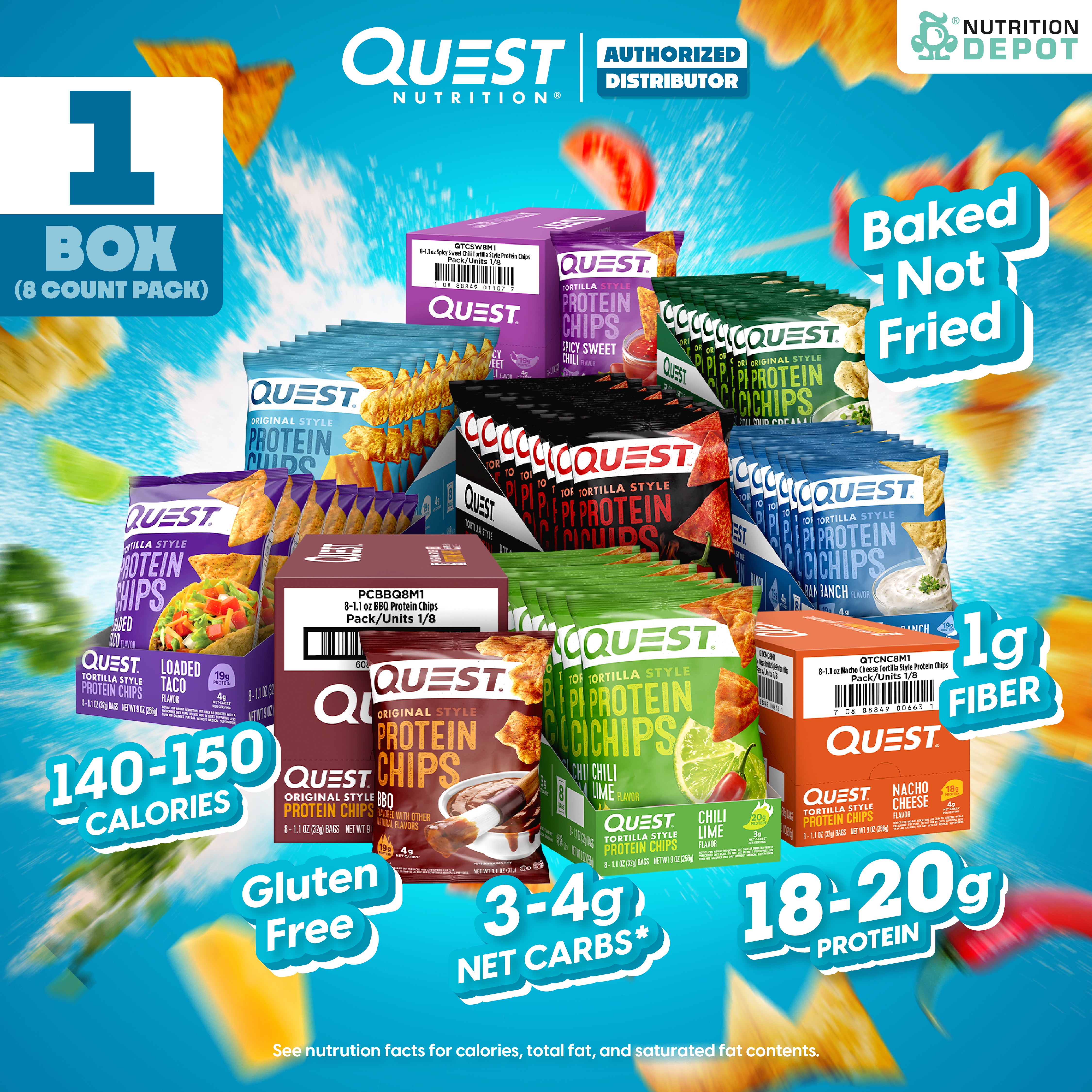 Quest Protein Chips Original Style - 1 Box (คละรส 8 ซอง / Mixed Flavors 8 Bag) ขนมโปรตีนอบกรอบ