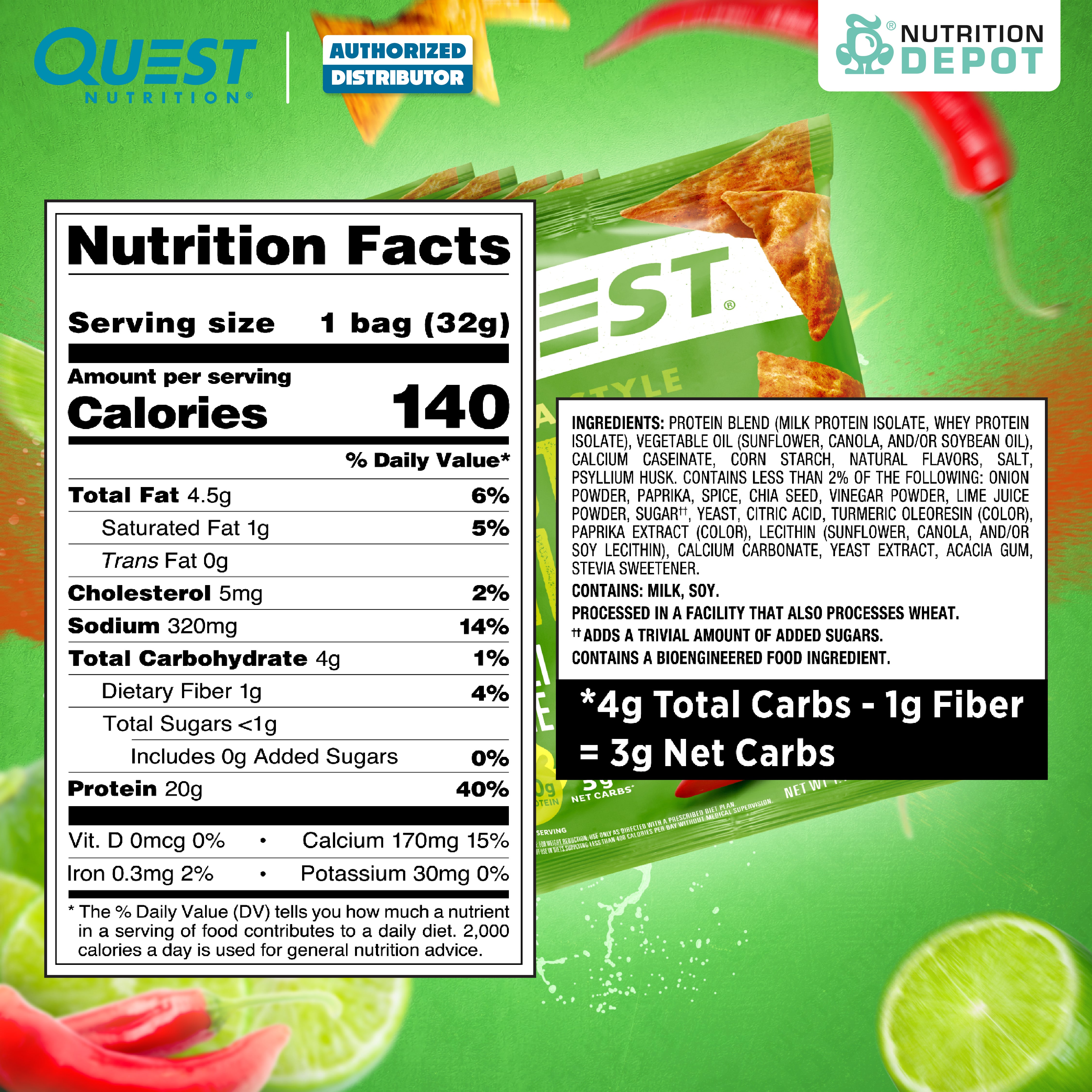 Quest Protein Chips Tortilla Style - Chili Lime 1 Box (8 Bag) ขนมโปรตีนอบกรอบ