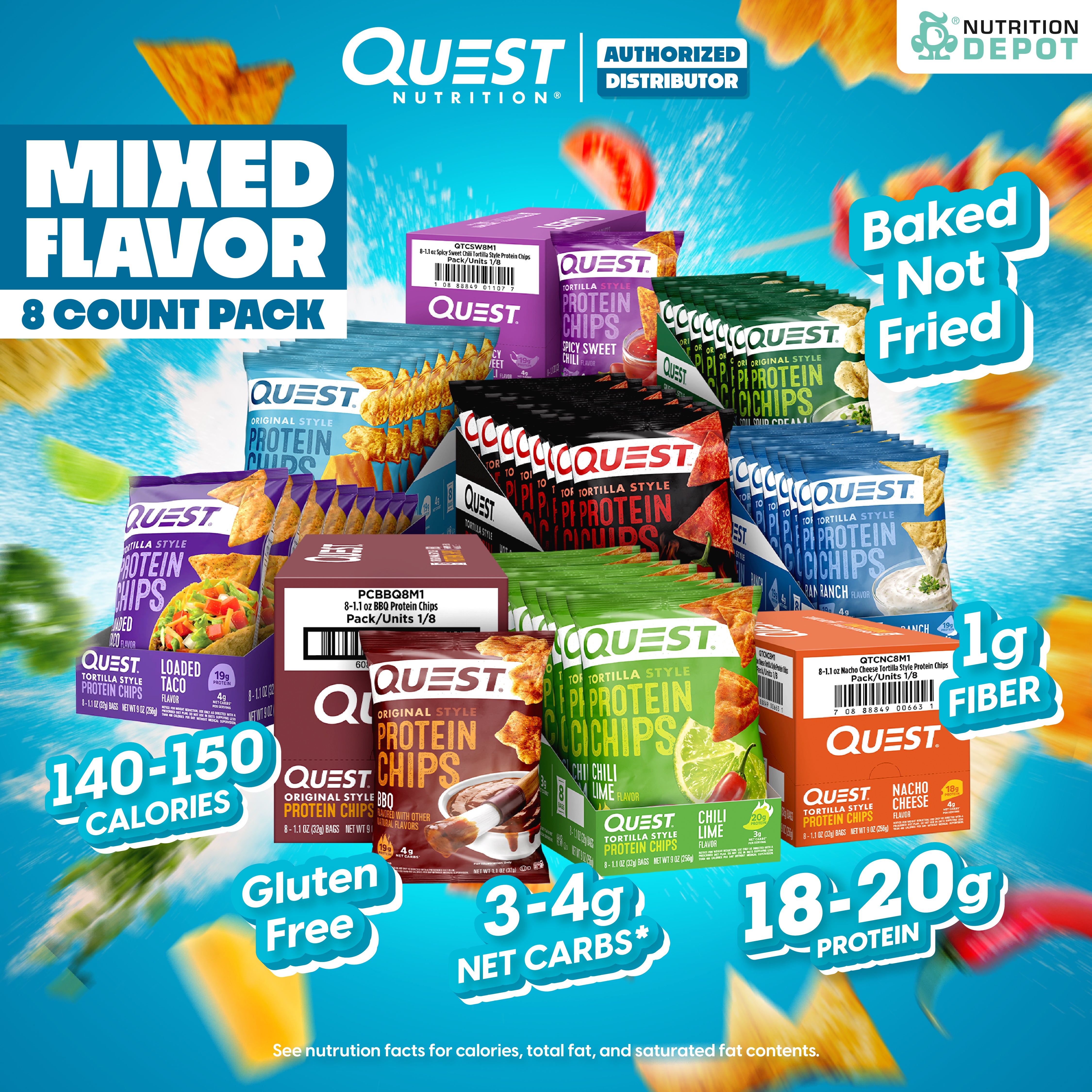 Quest Protein Chips Original Style - 1 Box (คละรส 8 ซอง / Mixed Flavors 8 Bag) ขนมโปรตีนอบกรอบ