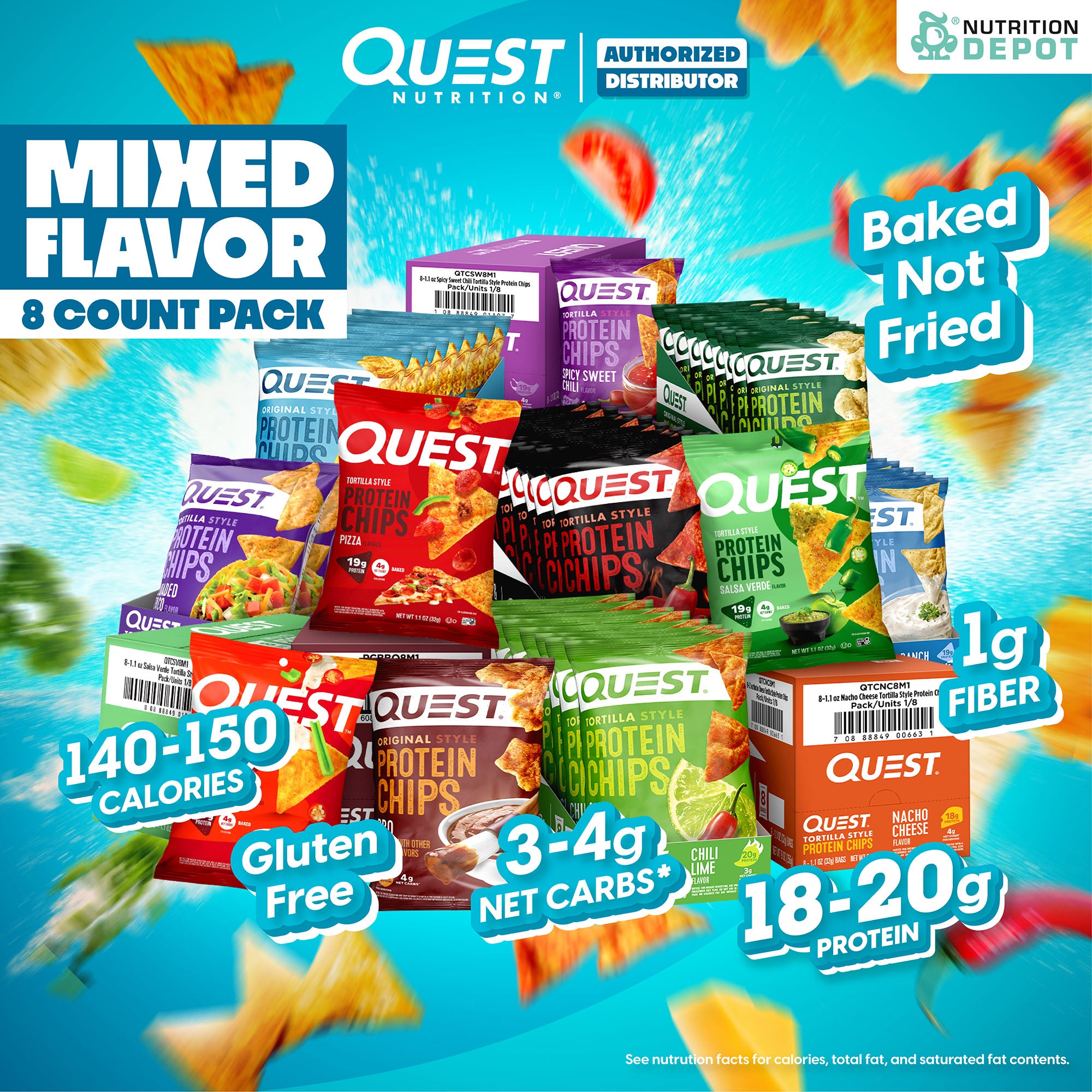 Quest Protein Chips Original Style - 1 Box (คละรส 8 ซอง / Mixed Flavors 8 Bag) ขนมโปรตีนอบกรอบ