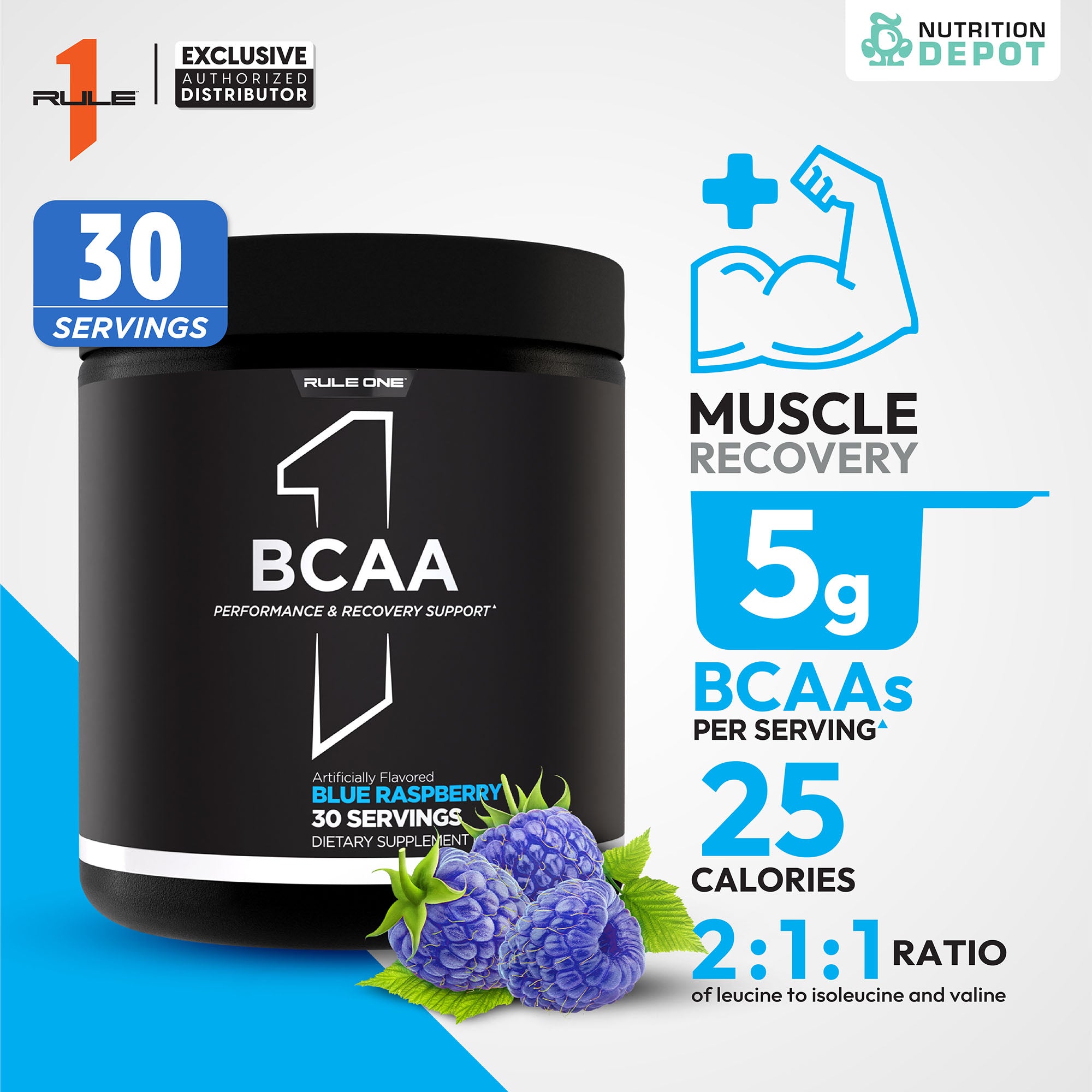 Rule1 Micronized BCAA 30 Servings - Blue Raspberry กรดอะมิโนป้องกันการสลายตัวของกล้ามเนื้อ