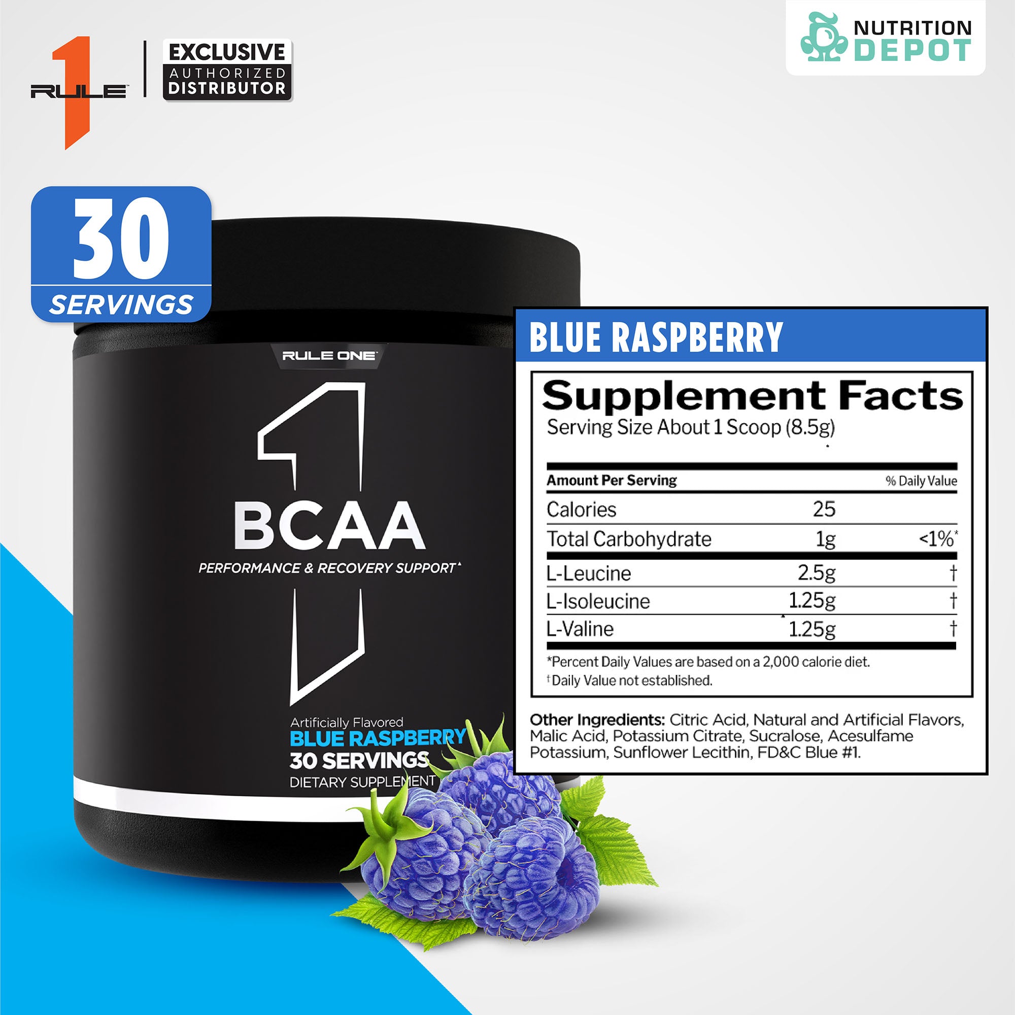 Rule1 Micronized BCAA 30 Servings - Blue Raspberry กรดอะมิโนป้องกันการสลายตัวของกล้ามเนื้อ