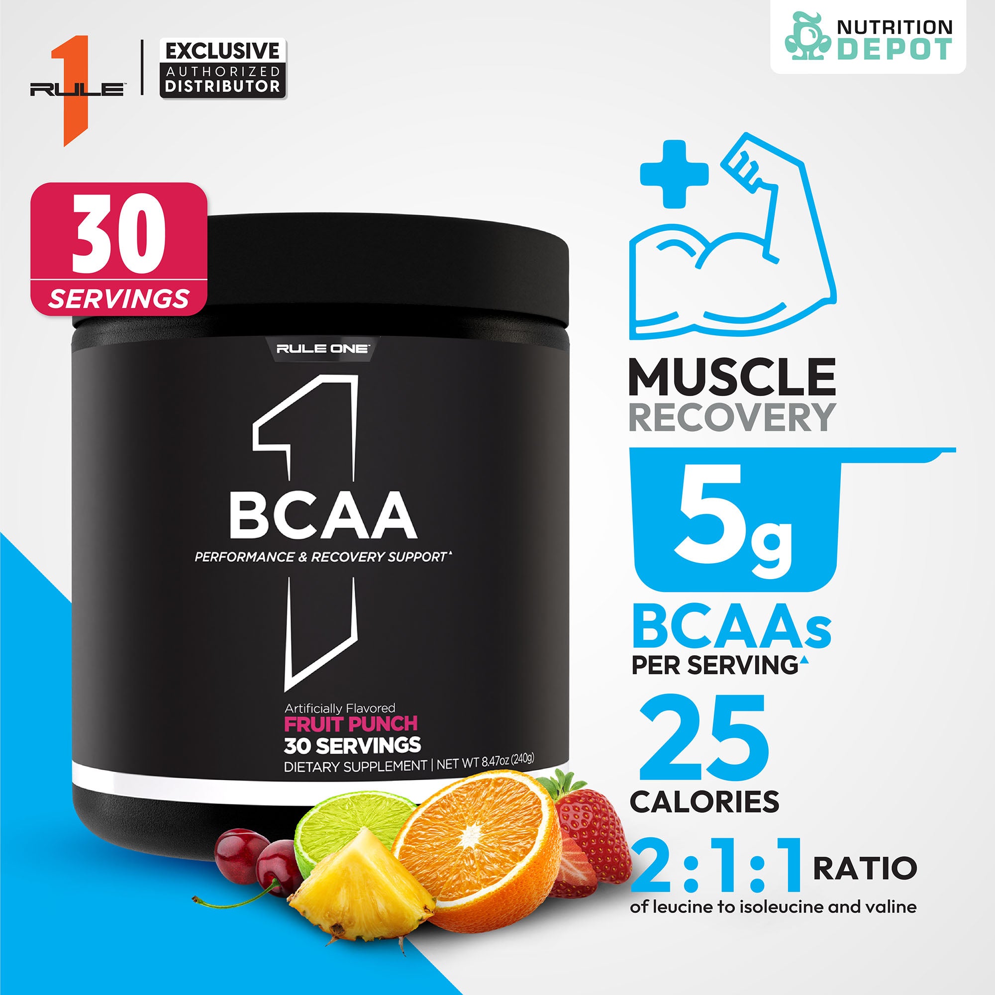 Rule1 Micronized BCAA 30 Servings - Fruit Punch กรดอะมิโนป้องกันการสลายตัวของกล้ามเนื้อ