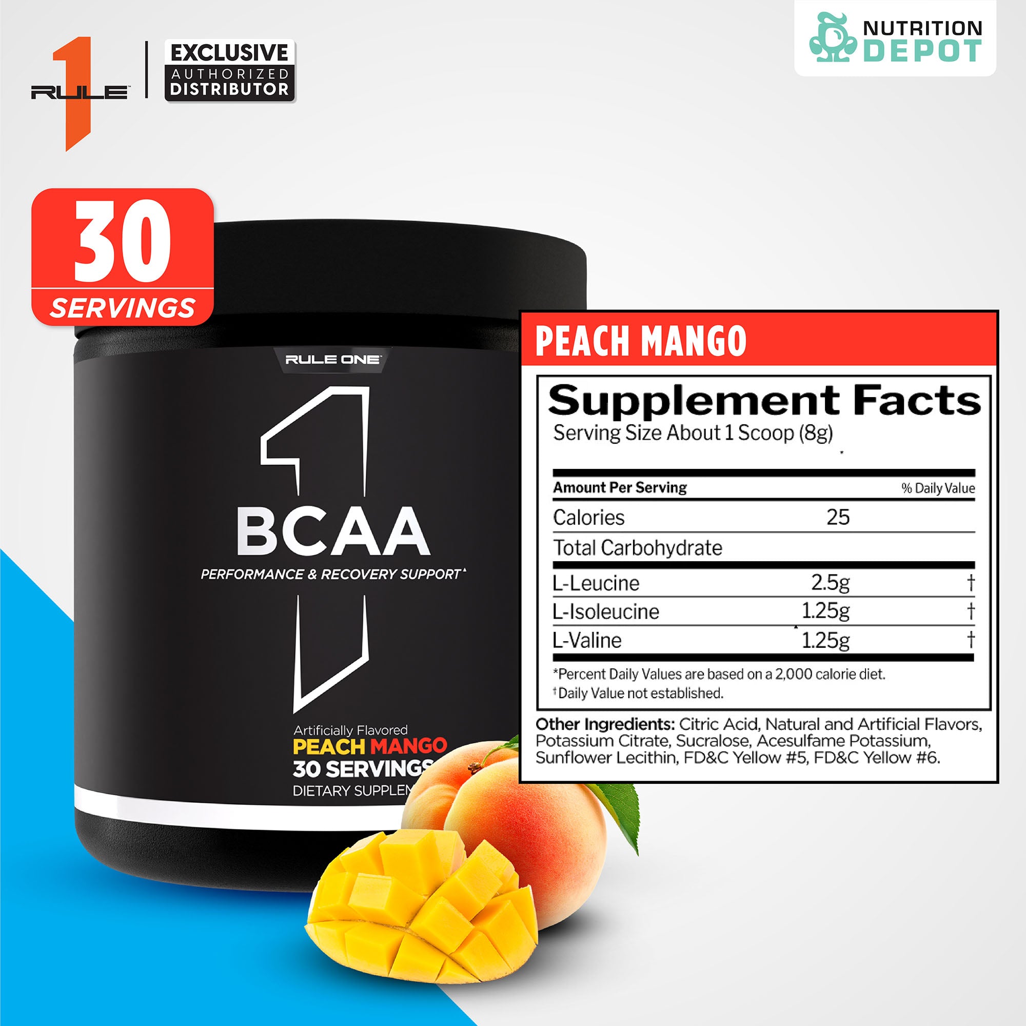 Rule1 Micronized BCAA 30 Servings - Peach Mango กรดอะมิโนป้องกันการสลายตัวของกล้ามเนื้อ