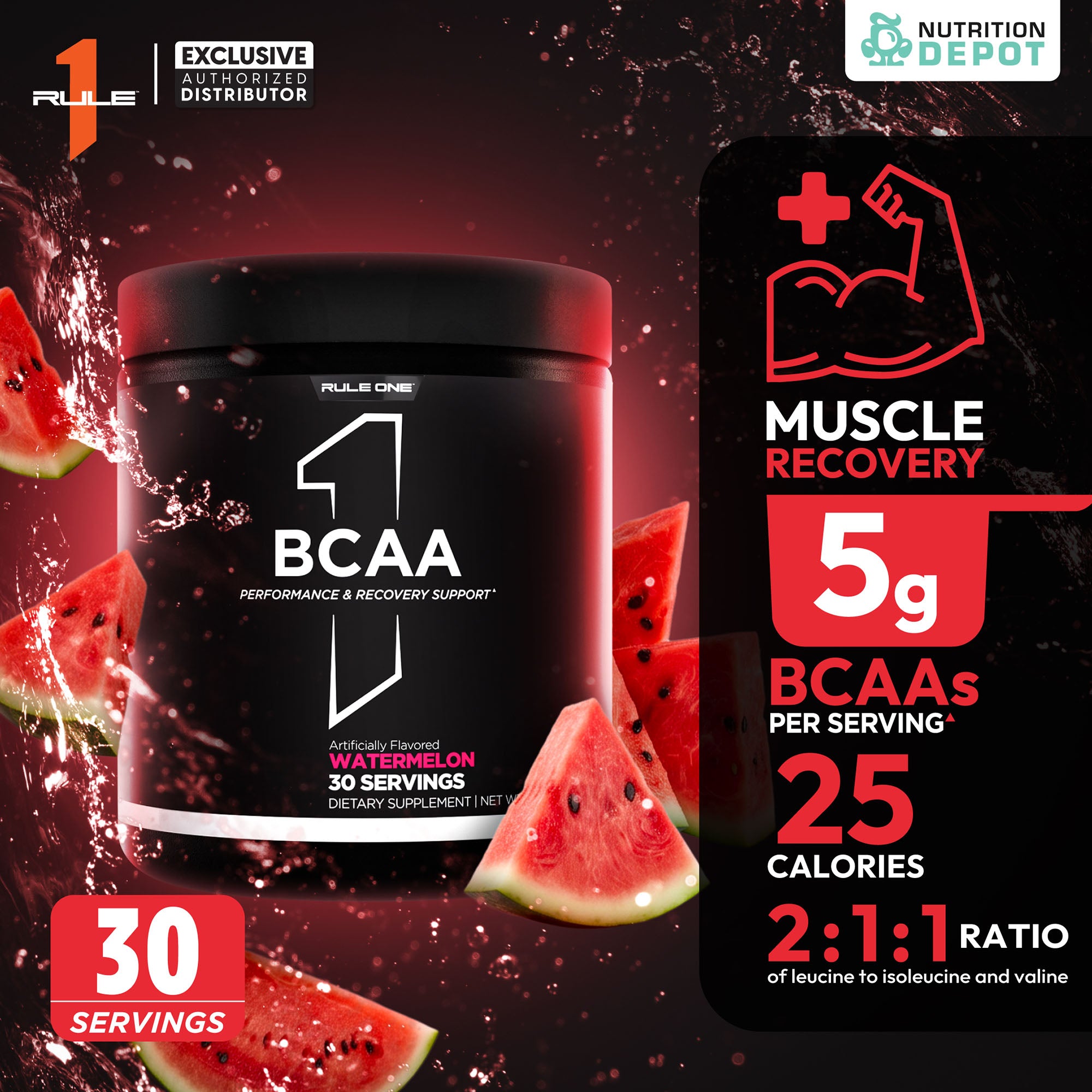 Rule1 Micronized BCAA 30 Servings - Watermelon กรดอะมิโนป้องกันการสลายตัวของกล้ามเนื้อ