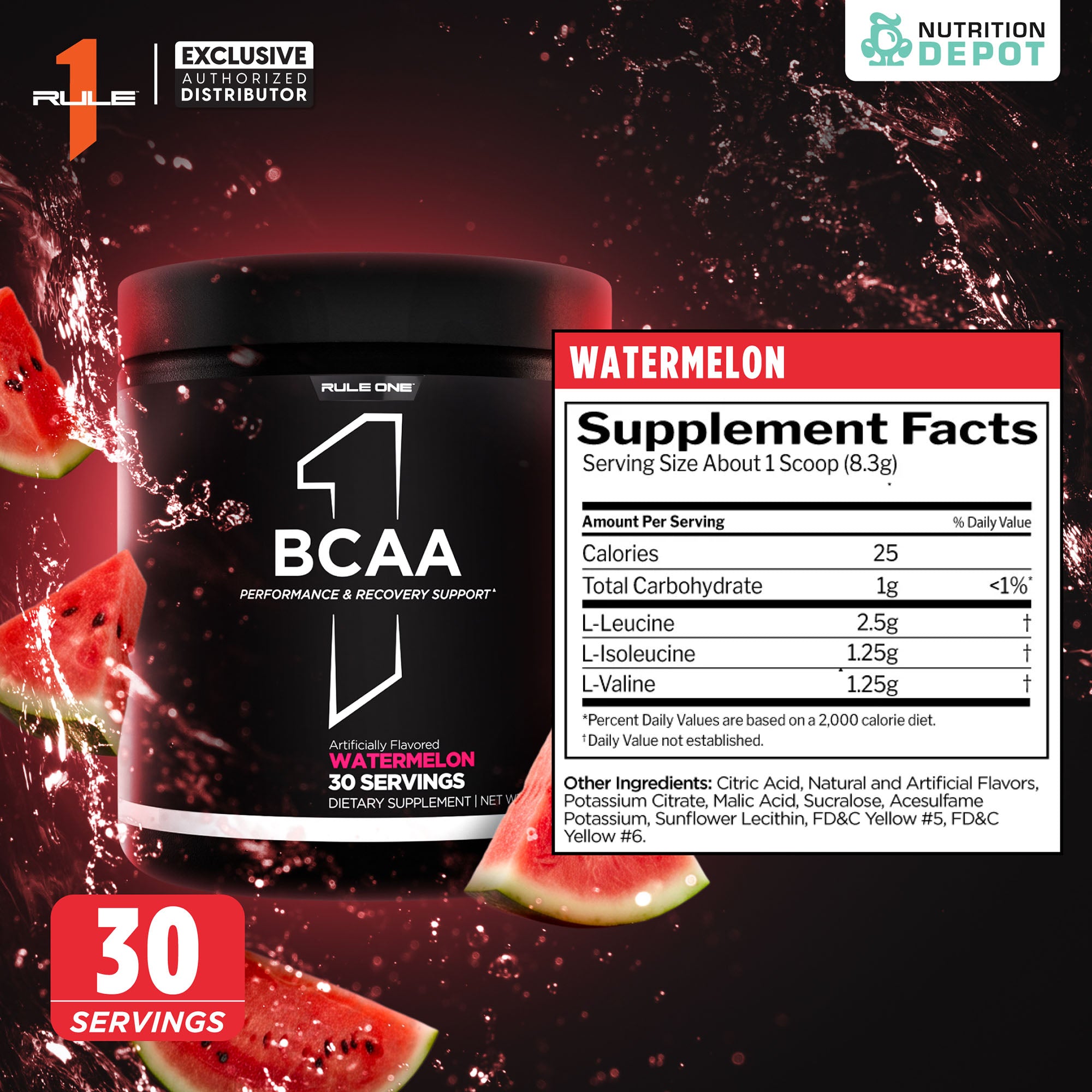 Rule1 Micronized BCAA 30 Servings - Watermelon กรดอะมิโนป้องกันการสลายตัวของกล้ามเนื้อ