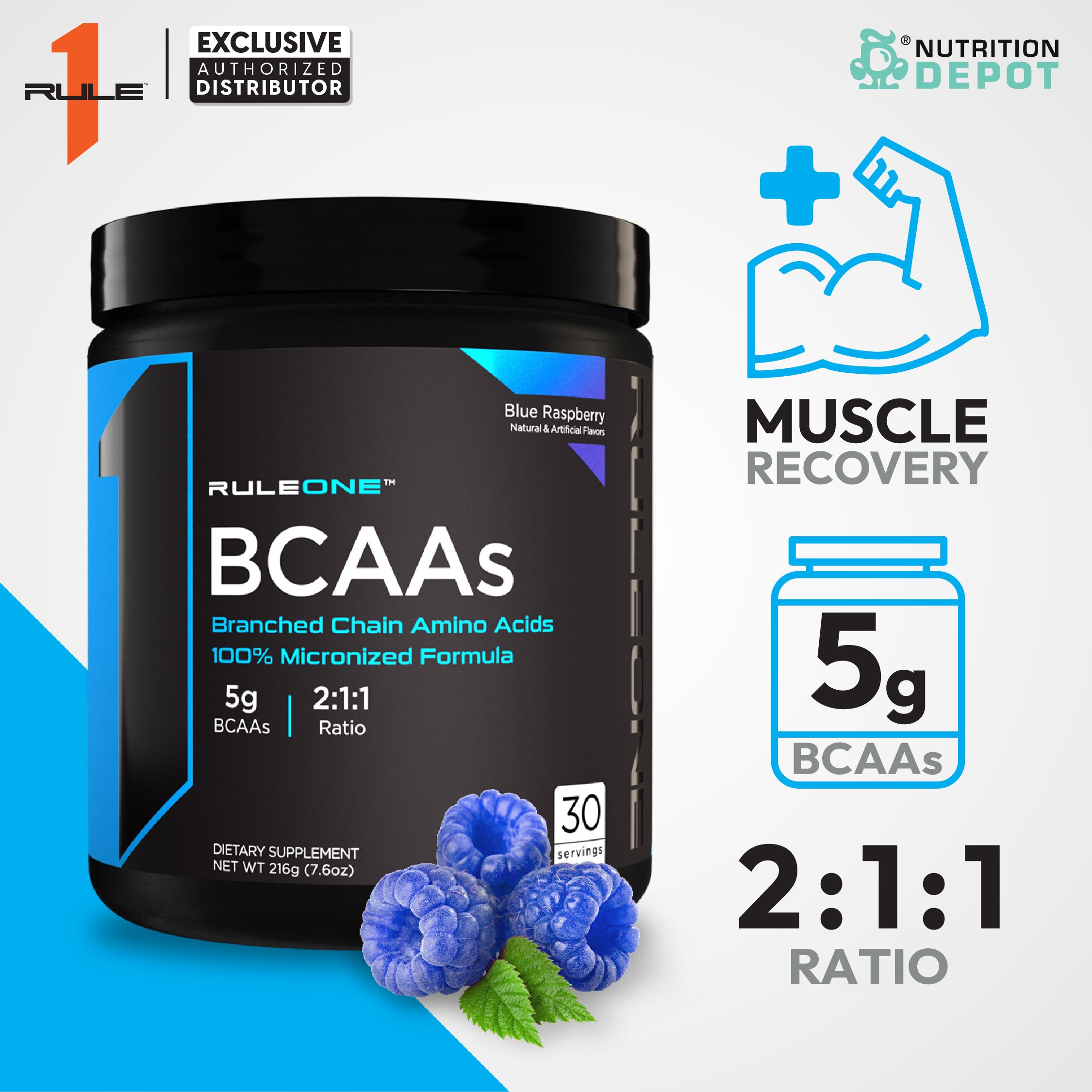 Rule1 BCAA 30 Servings - Blue Raspberry กรดอะมิโนป้องกันการสลายตัวของกล้ามเนื้อ