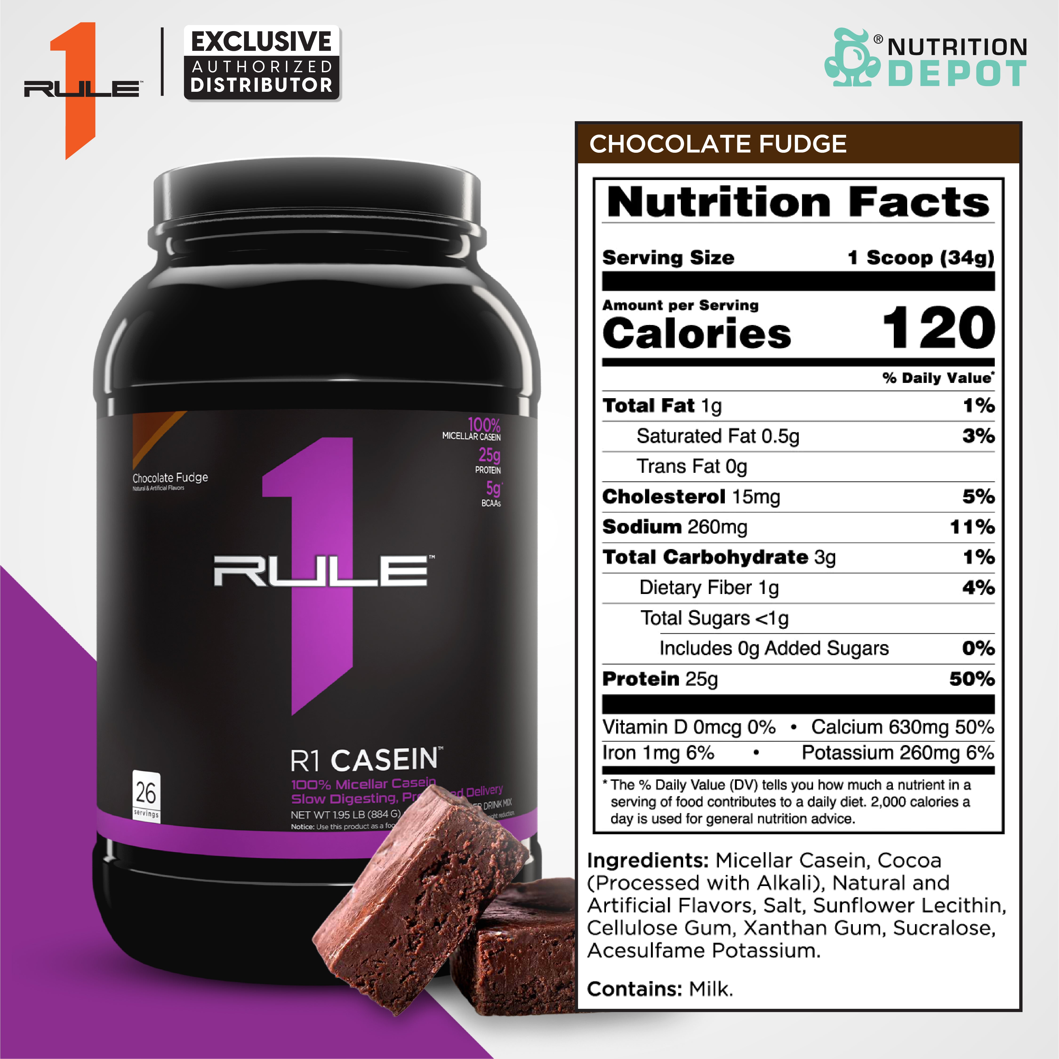 Rule1 Casein 2lb - Chocolate Fudge เวย์โปรตีนดูดซึมช้า