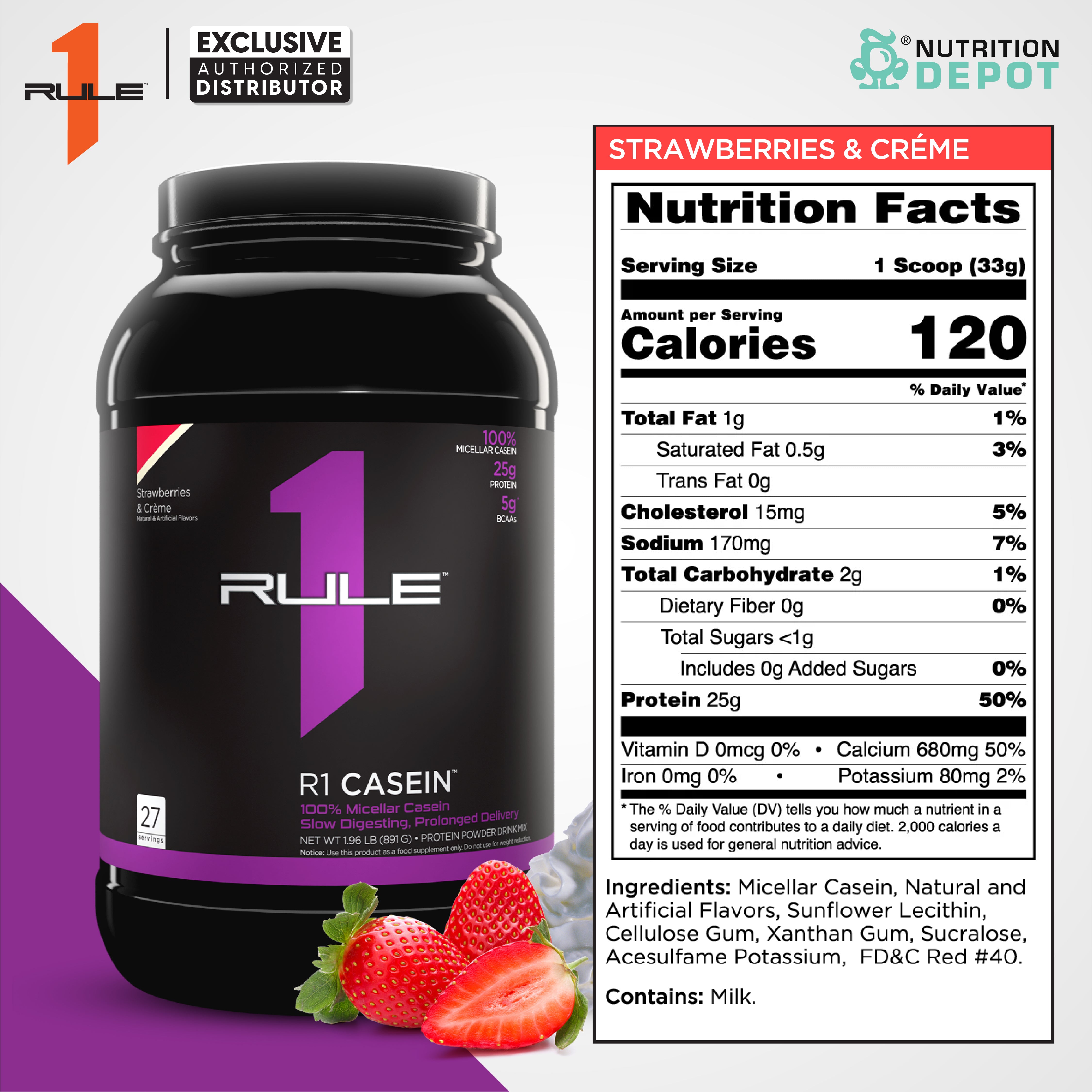 Rule1 Casein 2lb - Strawberries & Creme เวย์โปรตีนดูดซึมช้า