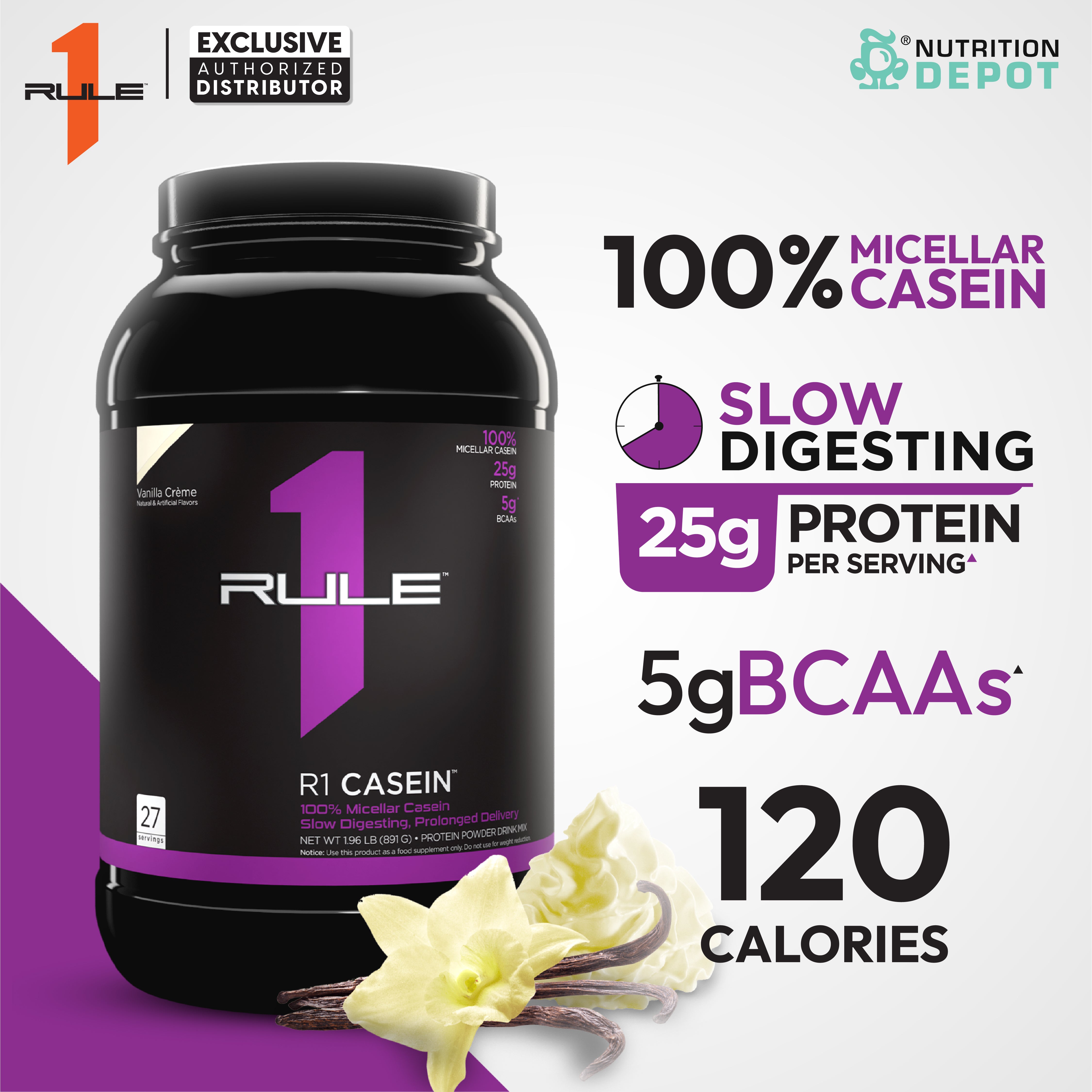 Rule1 Casein 2lb - Vanilla Creme เวย์โปรตีนดูดซึมช้า