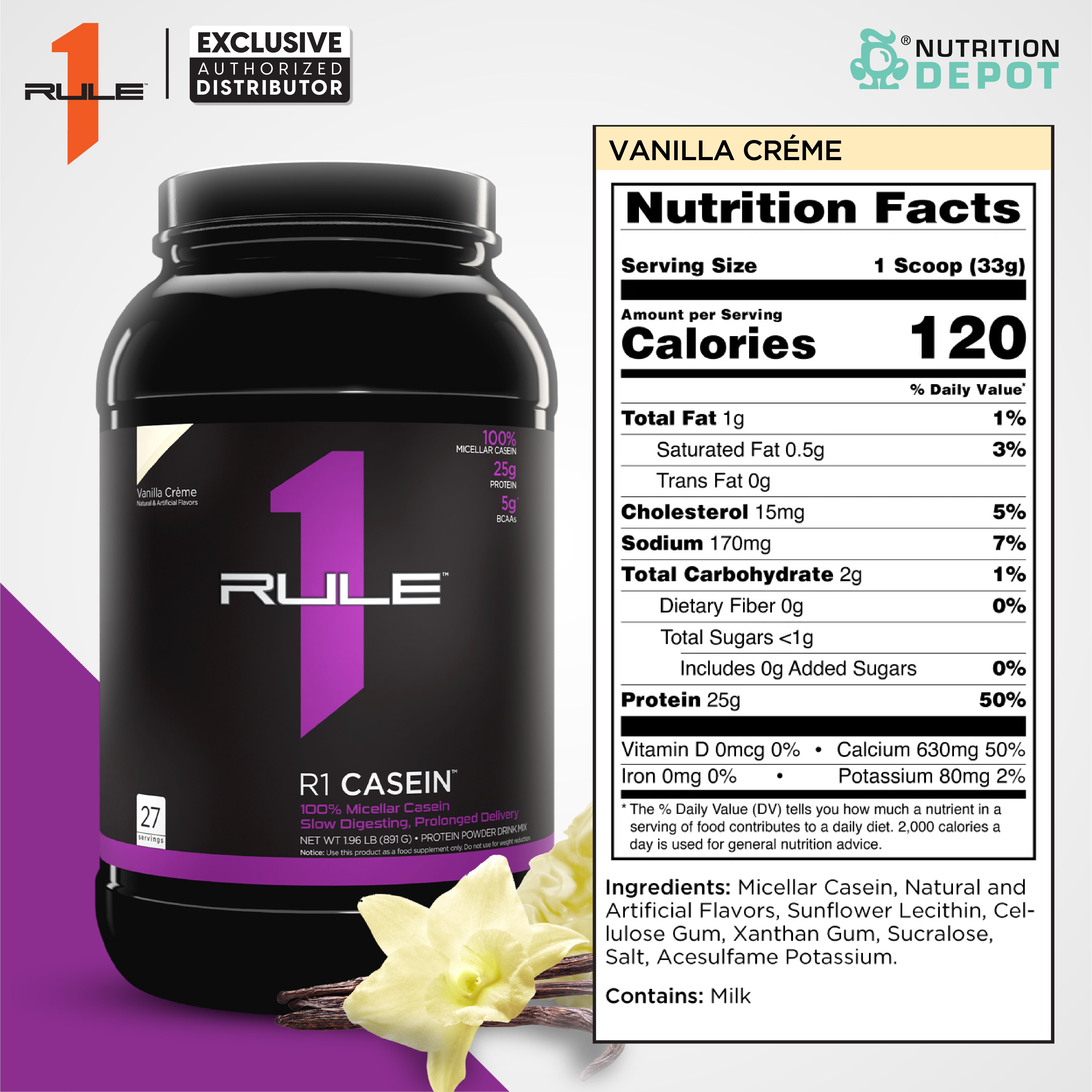 Rule1 Casein 2lb - Vanilla Creme เวย์โปรตีนดูดซึมช้า