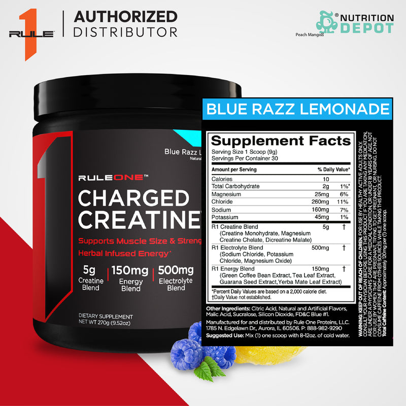 Rule1 Charged Creatine 30 Servings - Blue Razz Lemonade กรดอะมิโนเพิ่มพลังให้กล้ามเนื้อ
