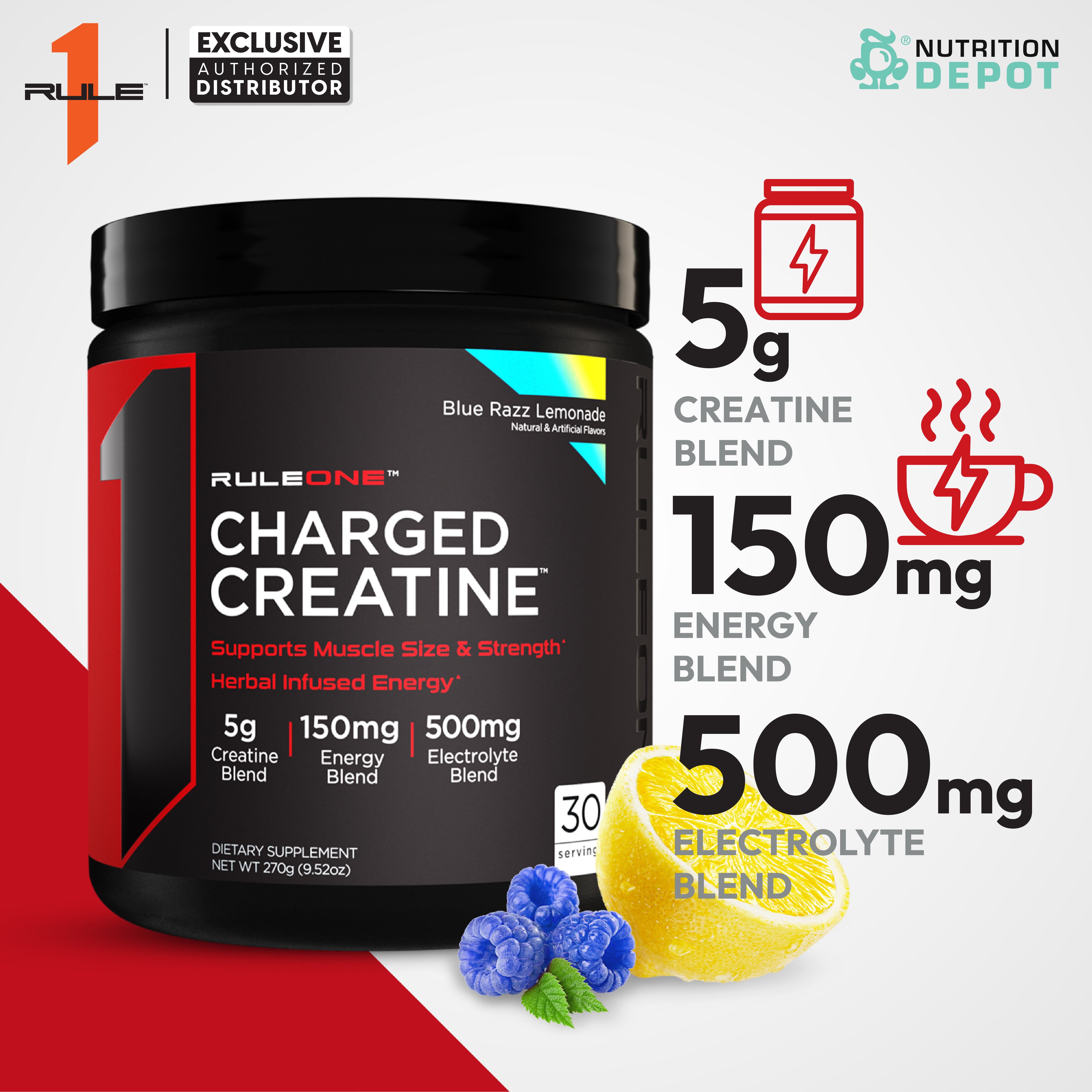 Rule1 Charged Creatine 30 Servings - Blue Razz Lemonade กรดอะมิโนเพิ่มพลังให้กล้ามเนื้อ