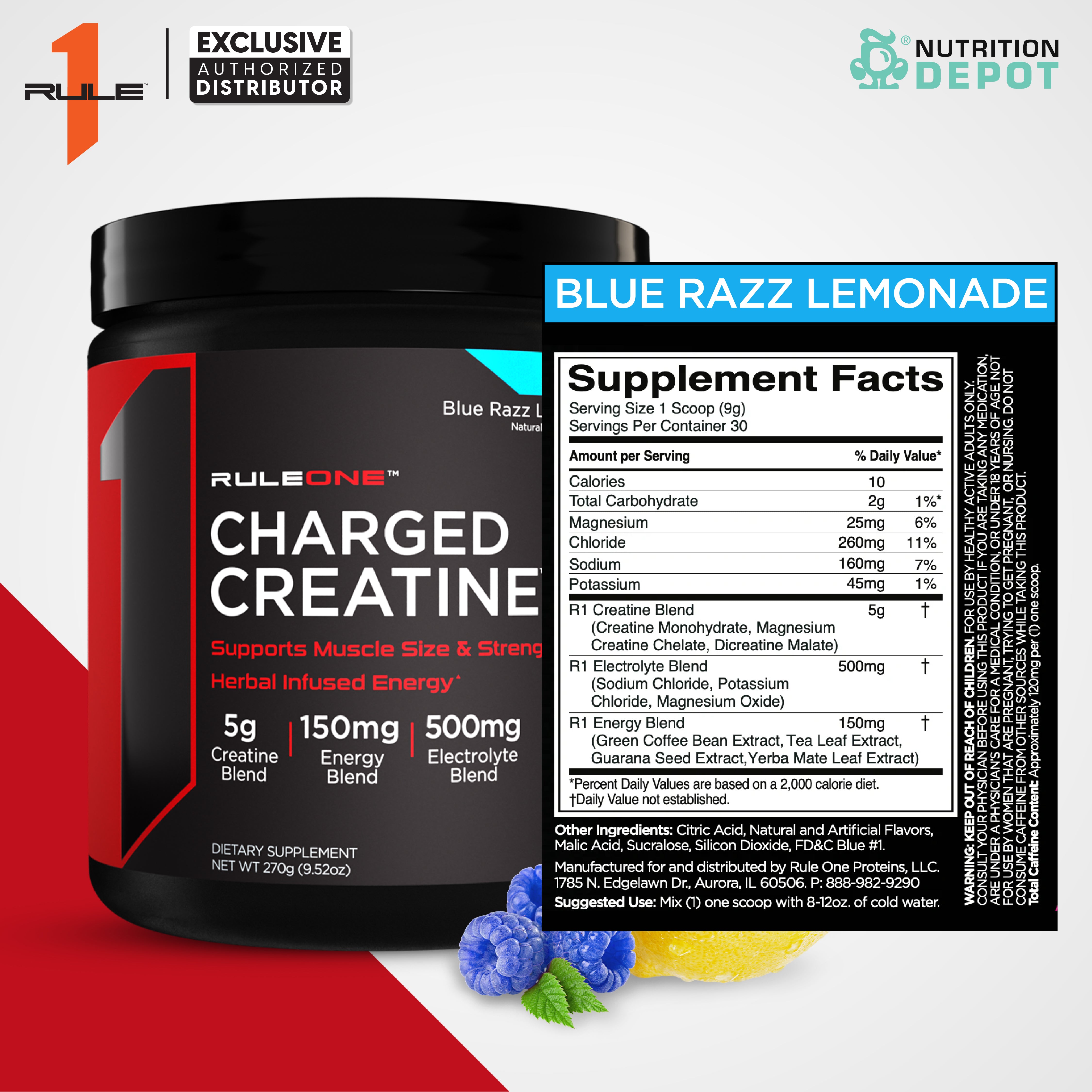 Rule1 Charged Creatine 30 Servings - Blue Razz Lemonade กรดอะมิโนเพิ่มพลังให้กล้ามเนื้อ