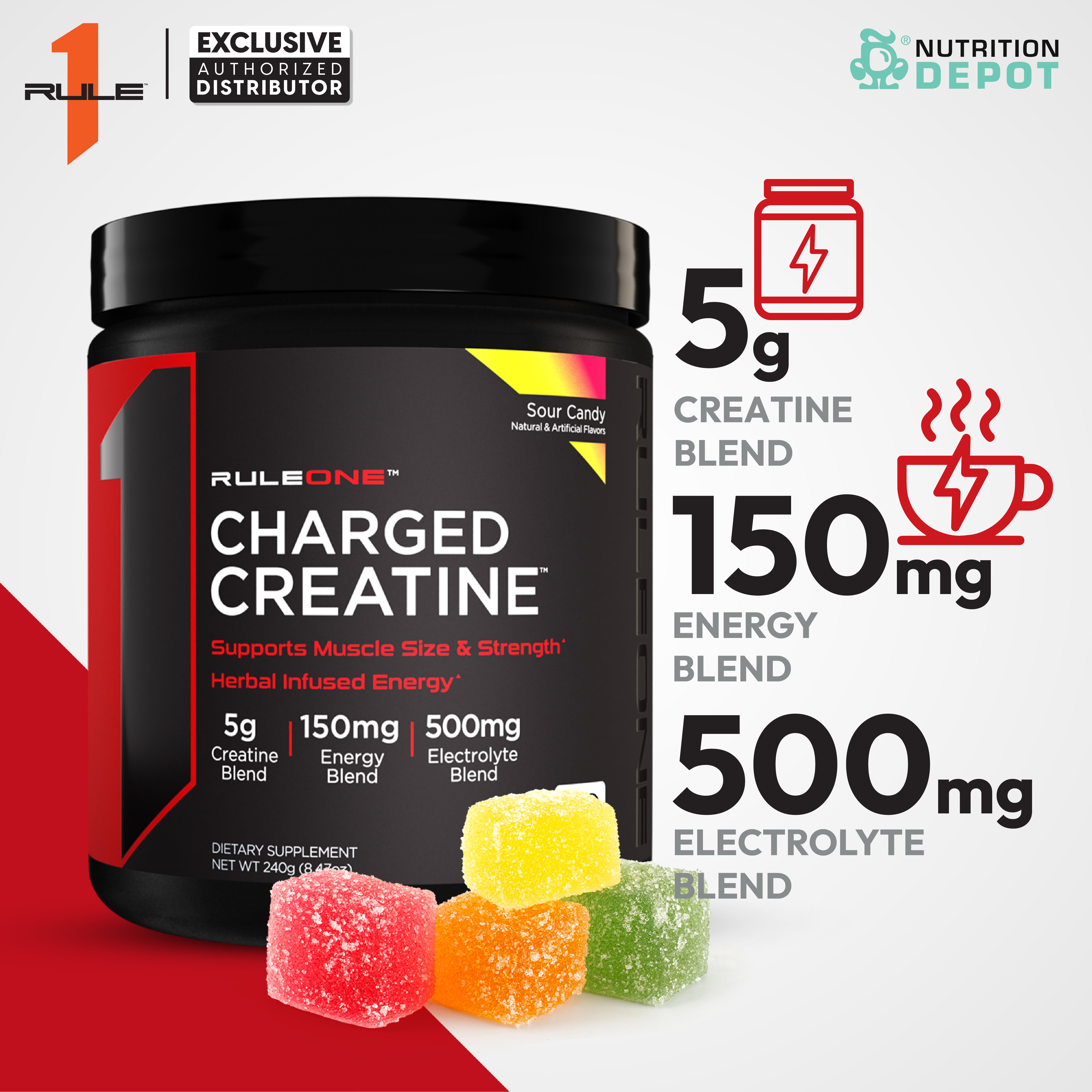 Rule1 Charged Creatine 30 Servings - Sour Candy  กรดอะมิโนเพิ่มพลังให้กล้ามเนื้อ