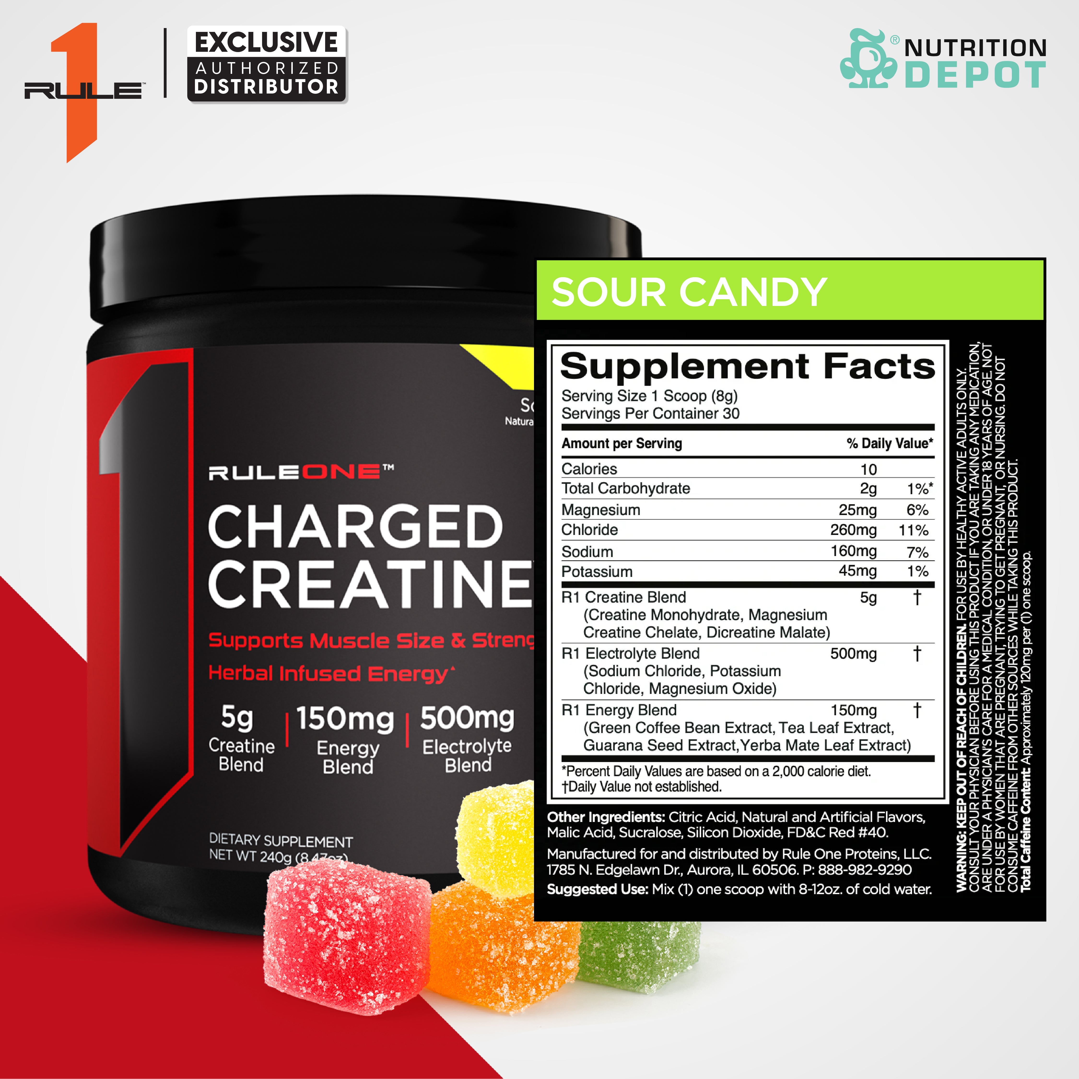 Rule1 Charged Creatine 30 Servings - Sour Candy  กรดอะมิโนเพิ่มพลังให้กล้ามเนื้อ