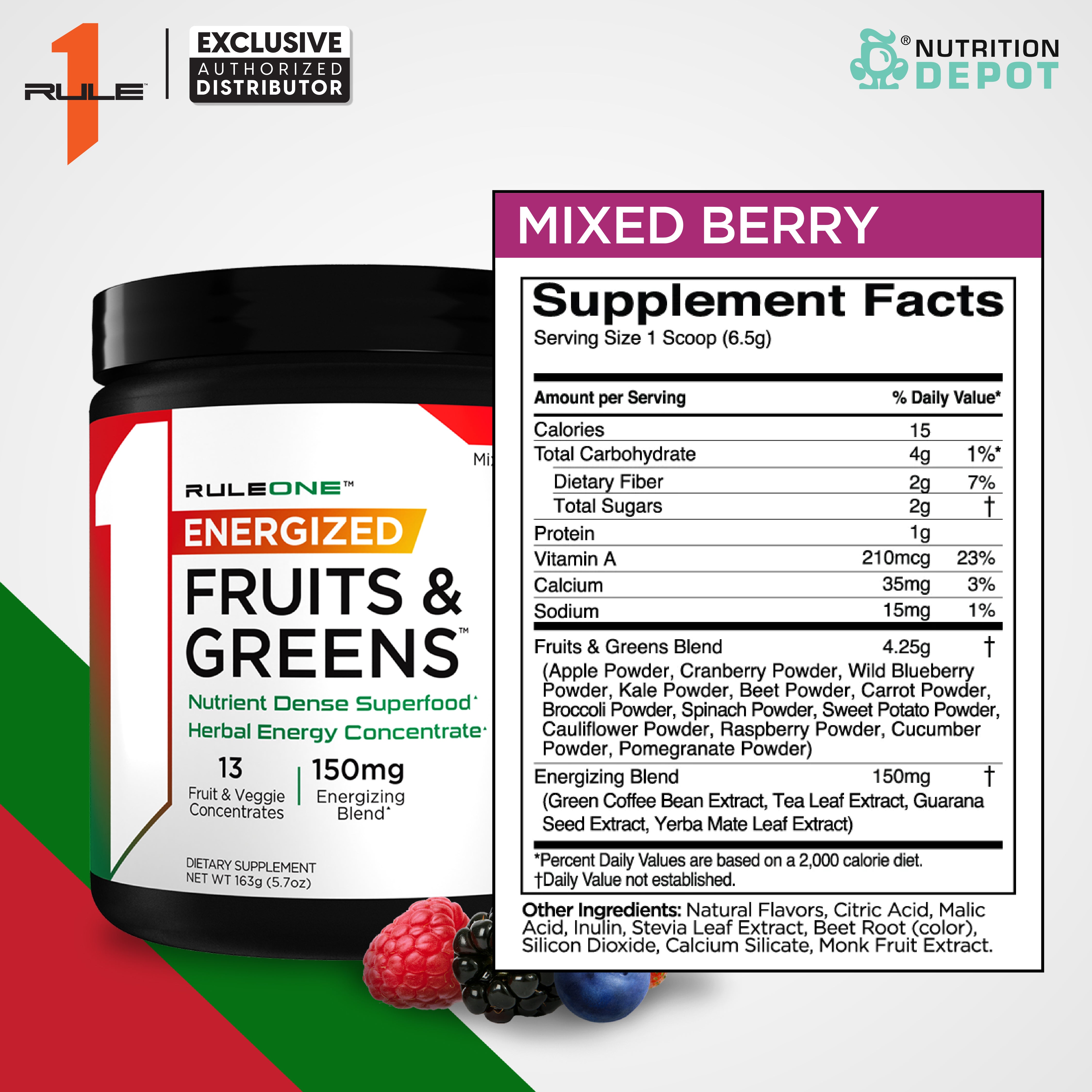 Rule1 Energized Fruits & Greens 25 Servings - Mixed Berry