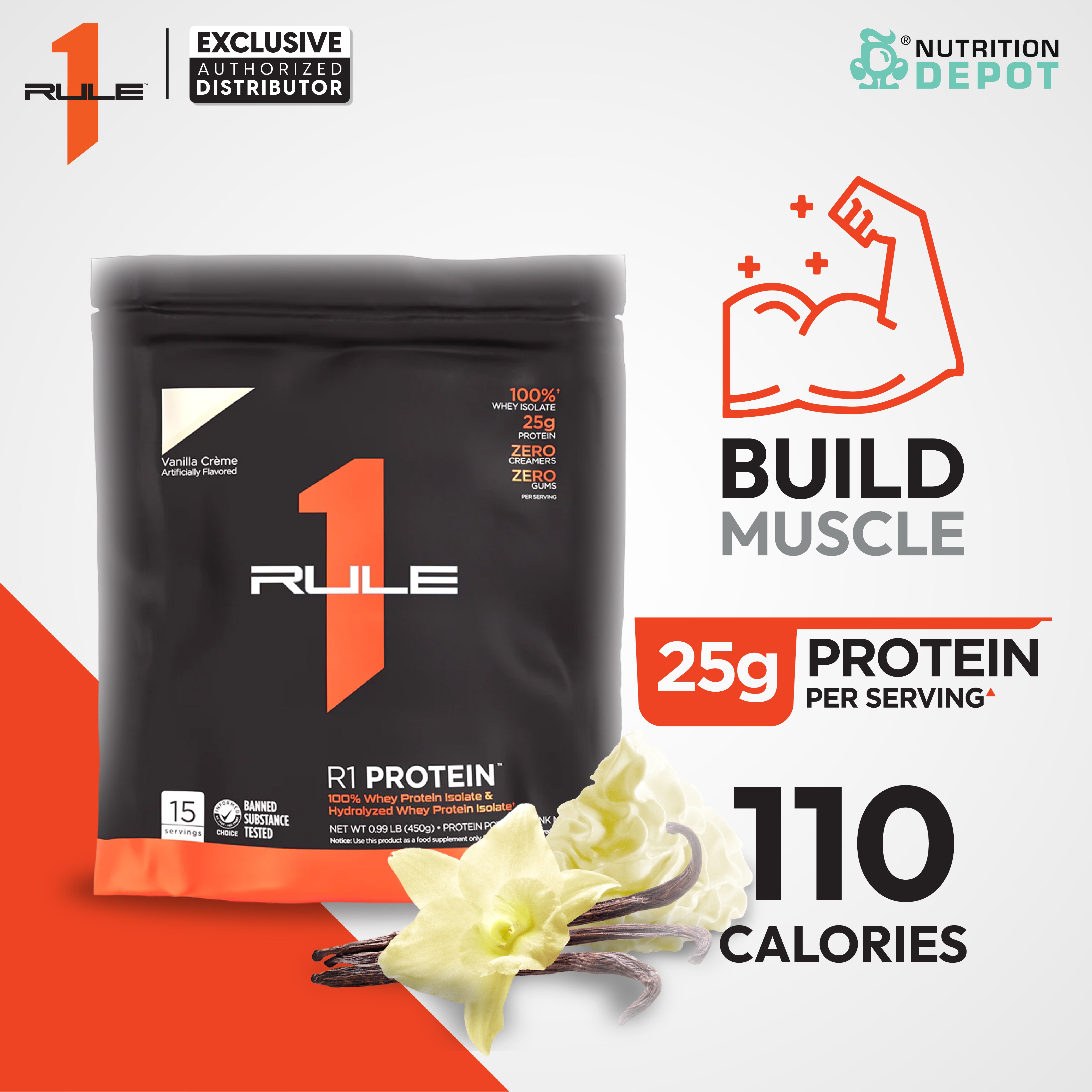 Rule1 Protein 1lb - Vanilla Creme เวย์โปรตีนเสริมสร้างกล้ามเนื้อ