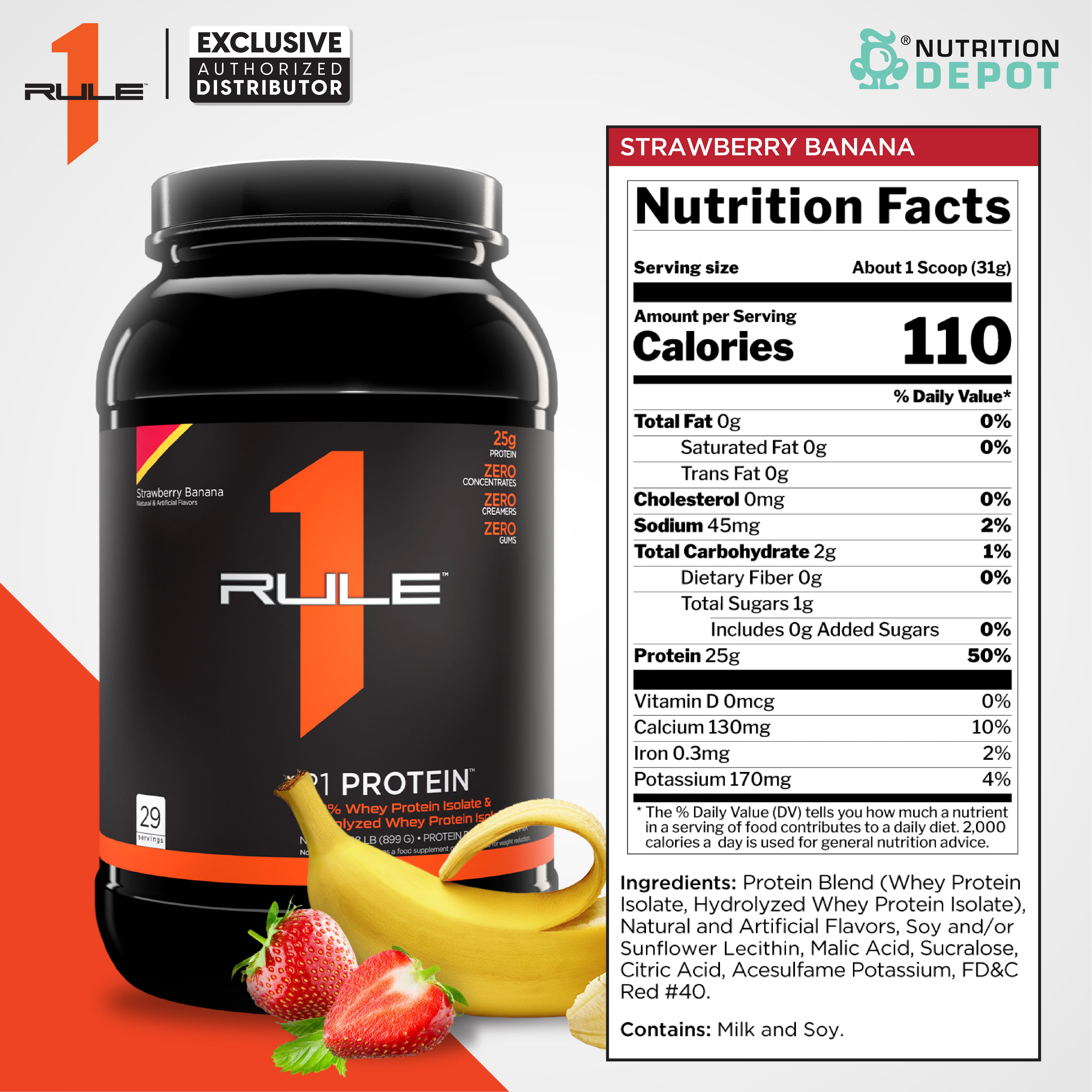 Rule1 Protein 2lb - Strawberry Banana เวย์โปรตีนเสริมสร้างกล้ามเนื้อ