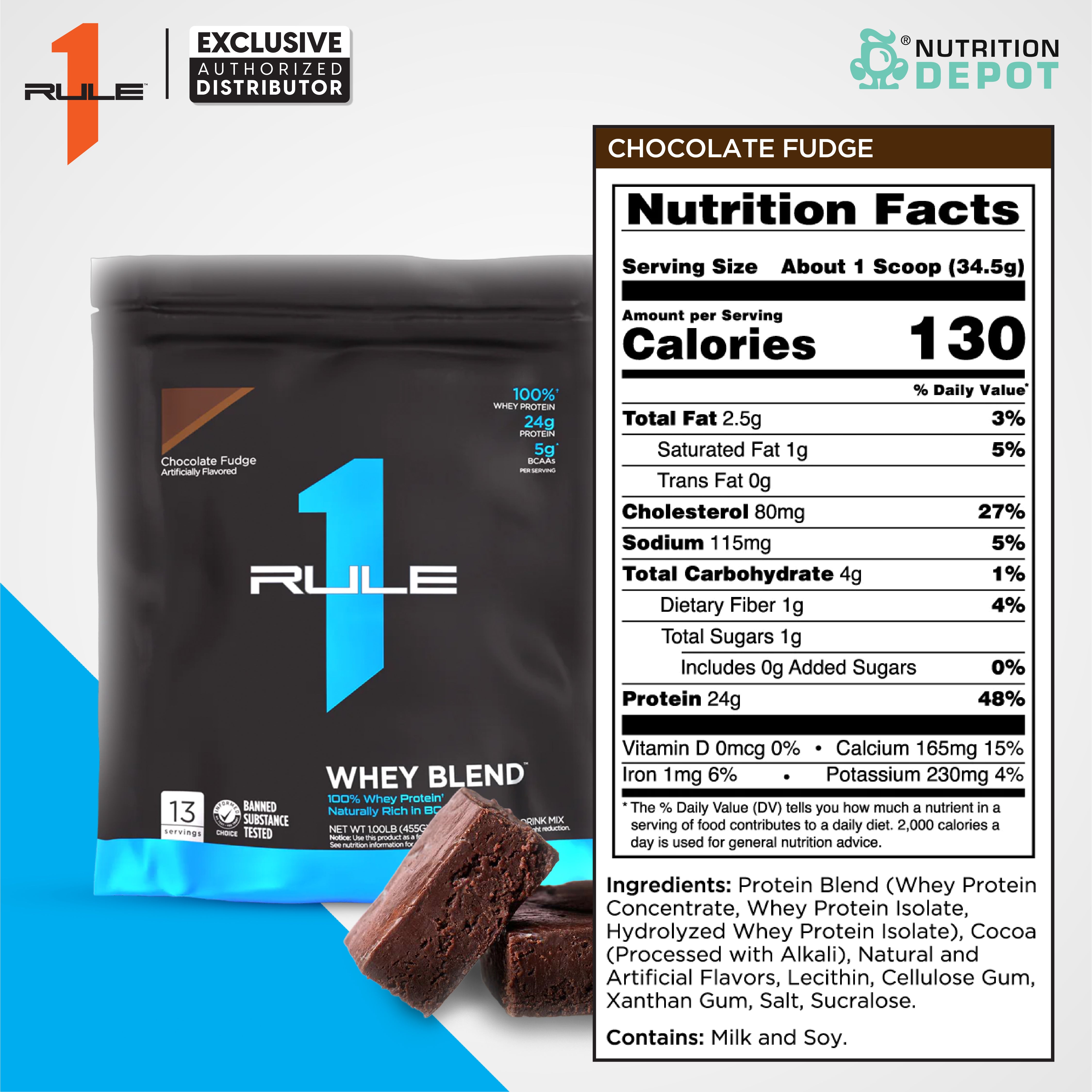 Rule1 Whey Blend 1lb - Chocolate Fudge เวย์โปรตีนเสริมสร้างกล้ามเนื้อ