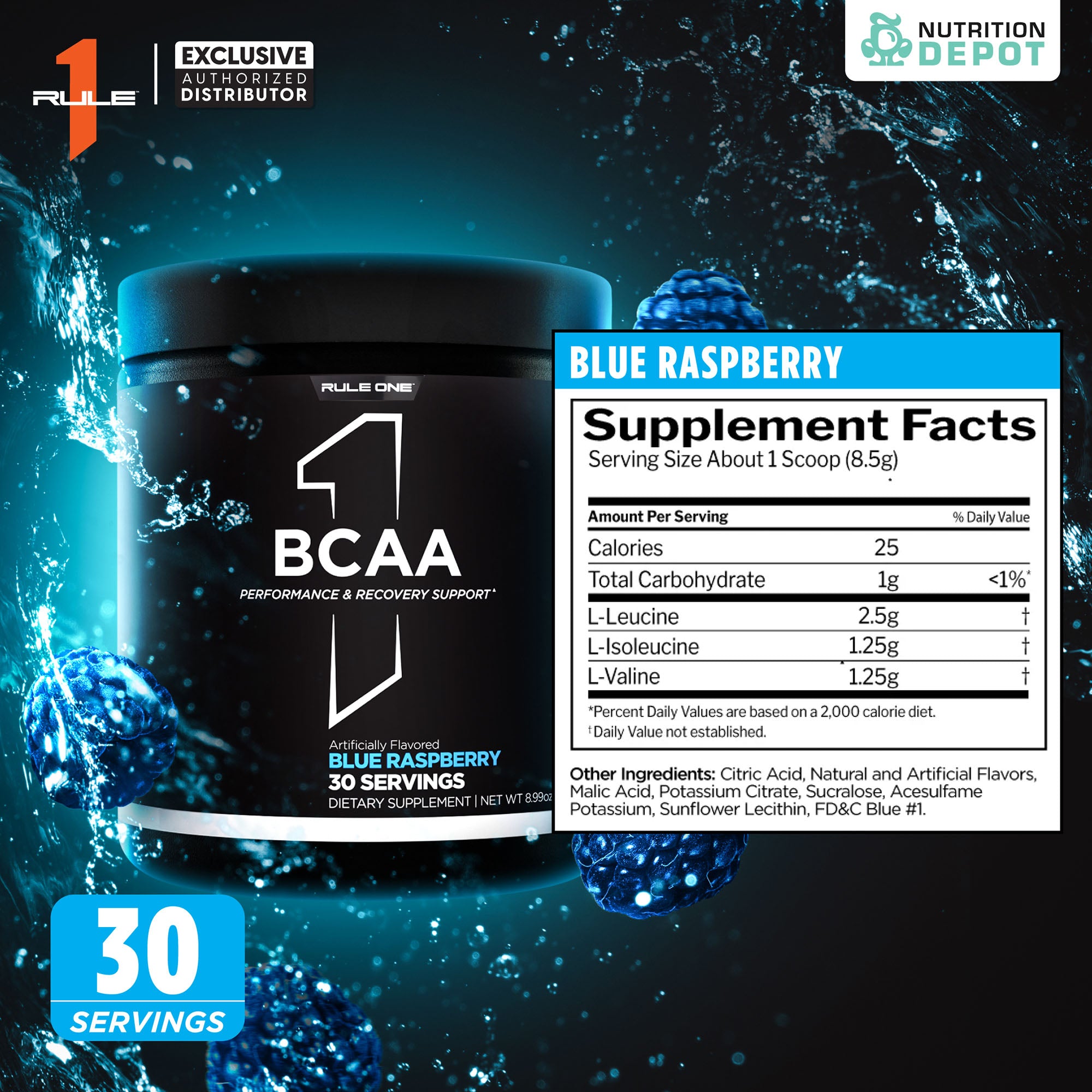 Rule1 Micronized BCAA 30 Servings - Blue Raspberry กรดอะมิโนป้องกันการสลายตัวของกล้ามเนื้อ