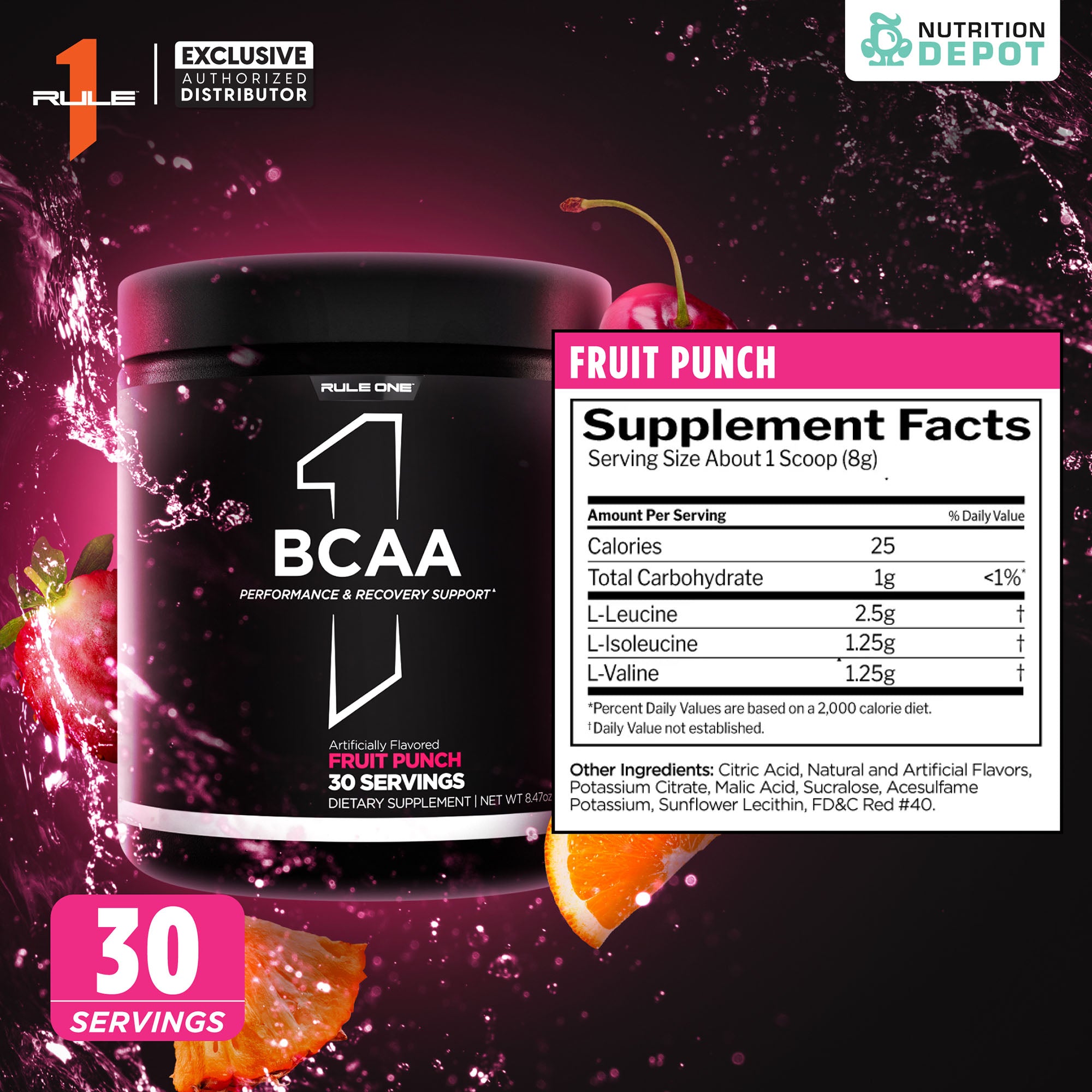 Rule1 Micronized BCAA 30 Servings - Fruit Punch กรดอะมิโนป้องกันการสลายตัวของกล้ามเนื้อ