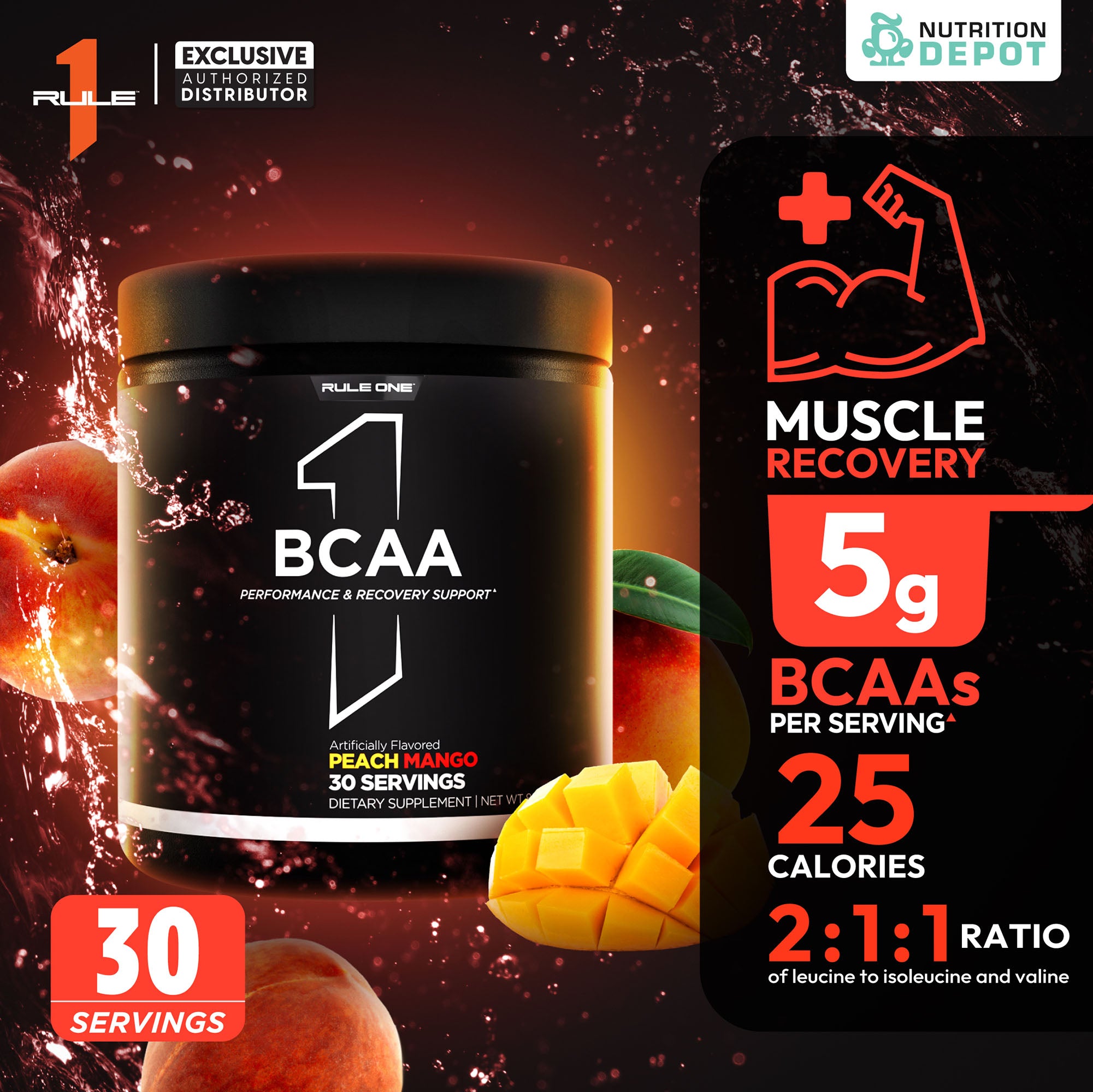 Rule1 Micronized BCAA 30 Servings - Peach Mango กรดอะมิโนป้องกันการสลายตัวของกล้ามเนื้อ