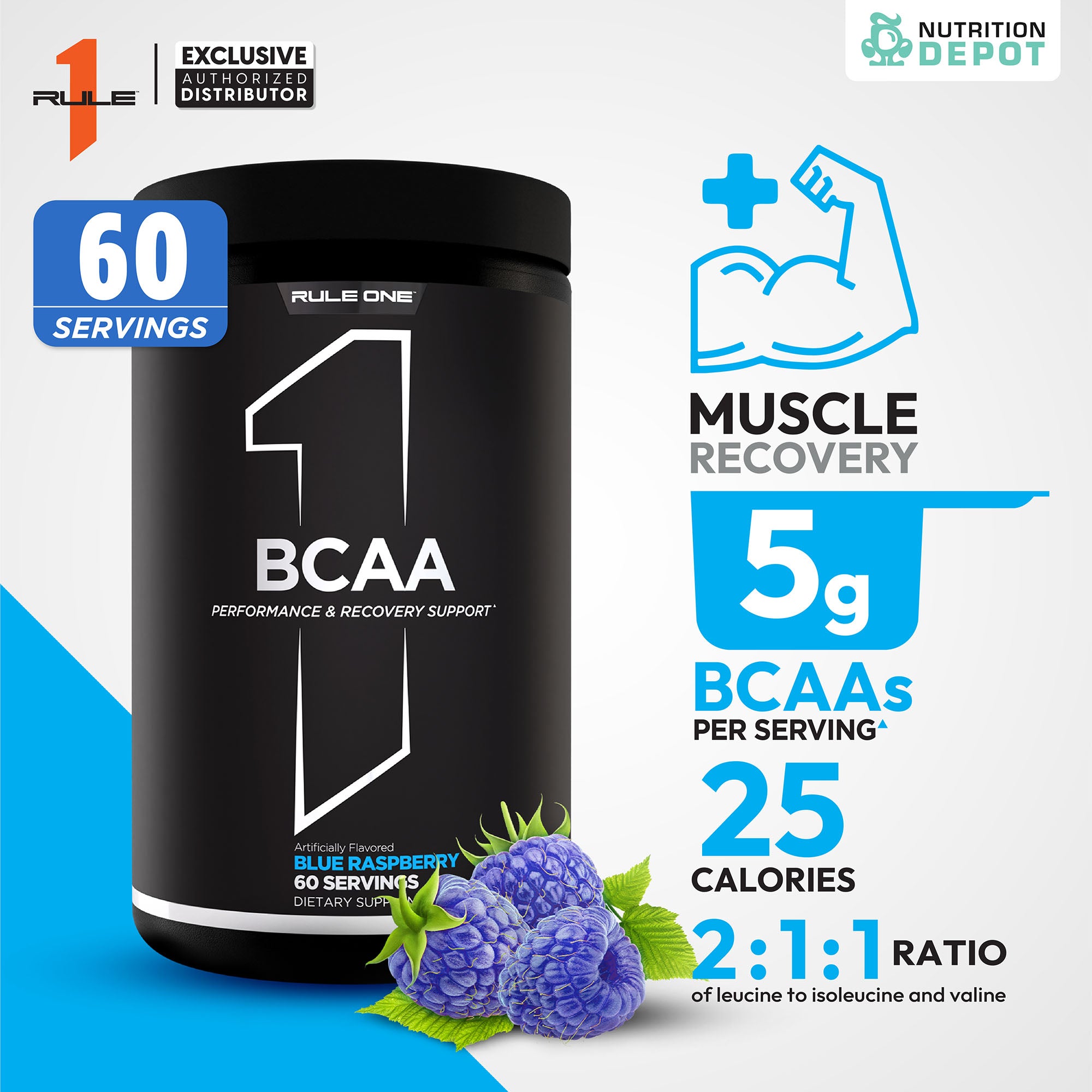 Rule1 Micronized BCAA 60 Servings - Blue Raspberry กรดอะมิโนป้องกันการสลายตัวของกล้ามเนื้อ