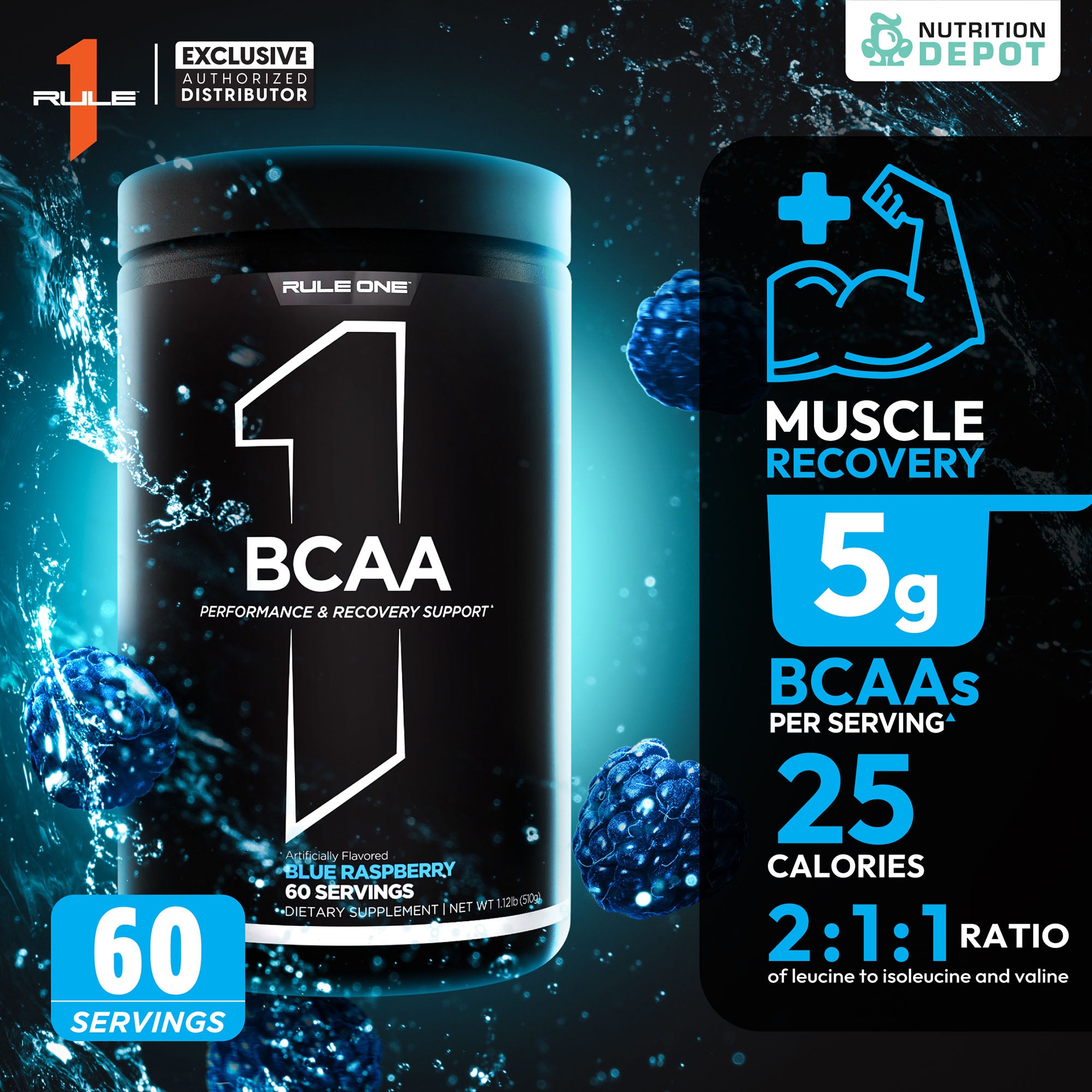 Rule1 Micronized BCAA 60 Servings - Blue Raspberry กรดอะมิโนป้องกันการสลายตัวของกล้ามเนื้อ