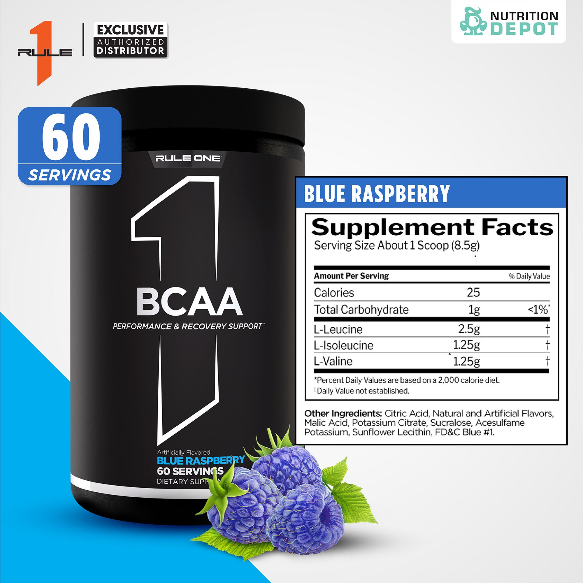 Rule1 Micronized BCAA 60 Servings - Blue Raspberry กรดอะมิโนป้องกันการสลายตัวของกล้ามเนื้อ