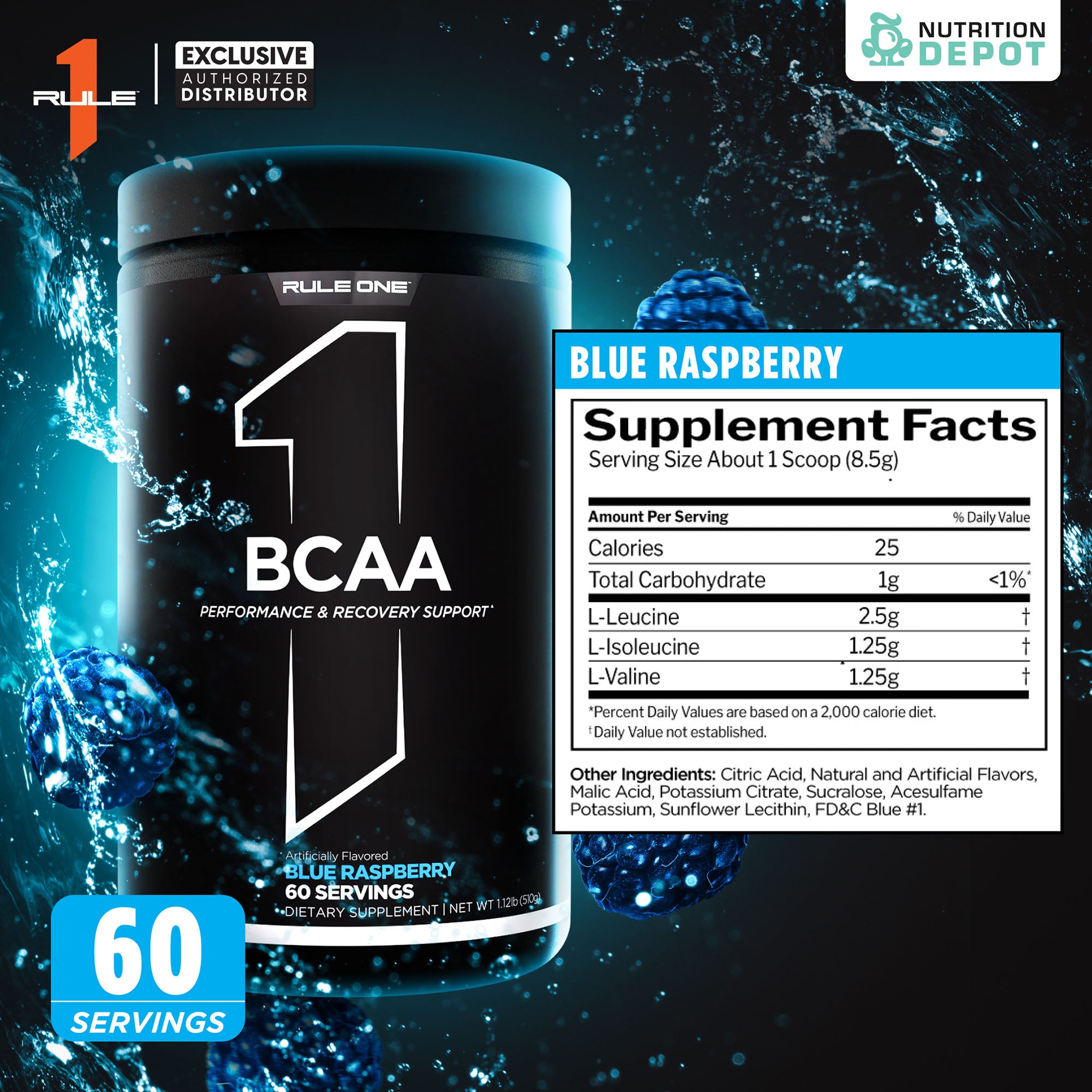Rule1 Micronized BCAA 60 Servings - Blue Raspberry กรดอะมิโนป้องกันการสลายตัวของกล้ามเนื้อ