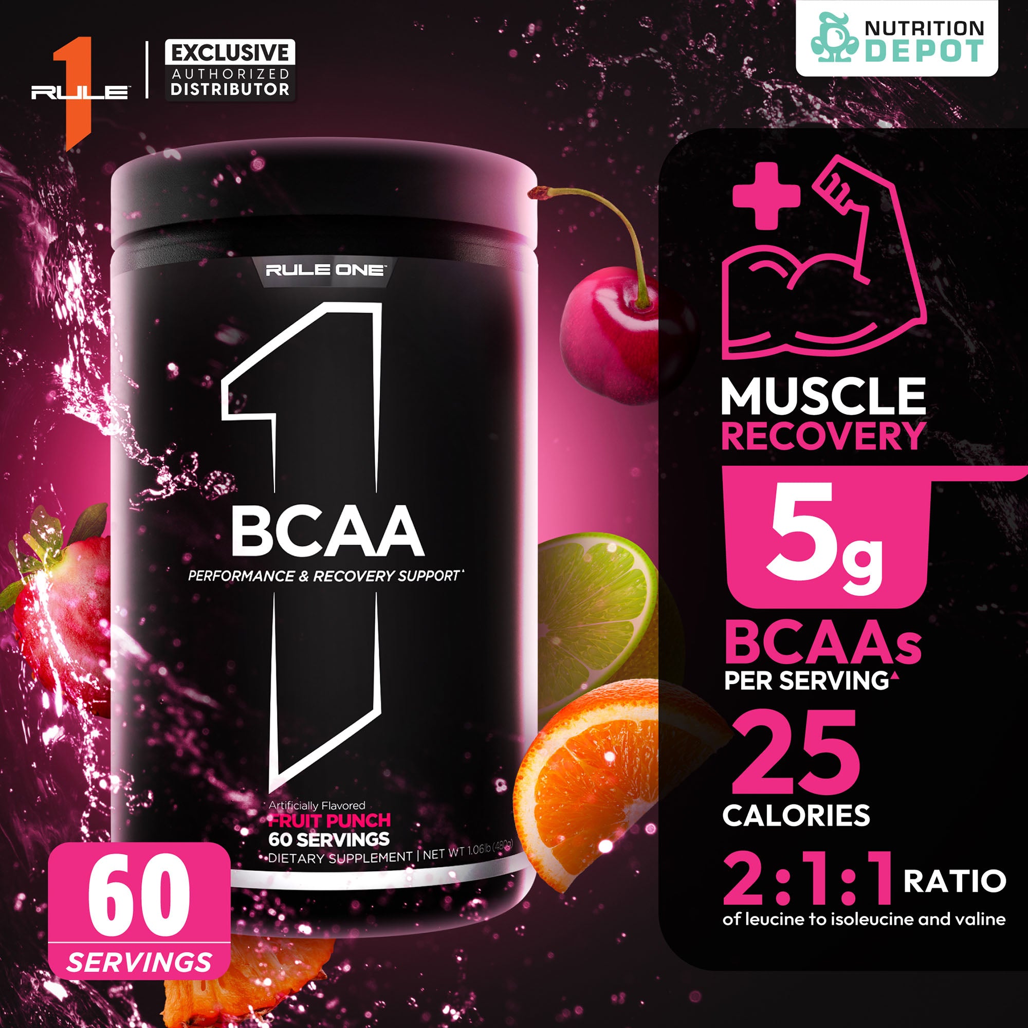 Rule1 Micronized BCAA 60 Servings - Fruit Punch กรดอะมิโนป้องกันการสลายตัวของกล้ามเนื้อ