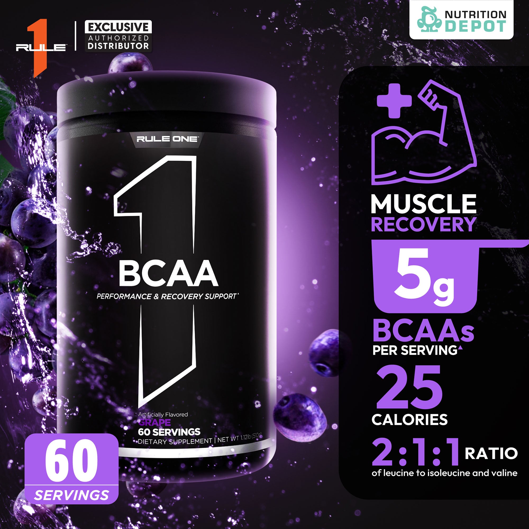 Rule1 Micronized BCAA 60 Servings - Grape กรดอะมิโนป้องกันการสลายตัวของกล้ามเนื้อ