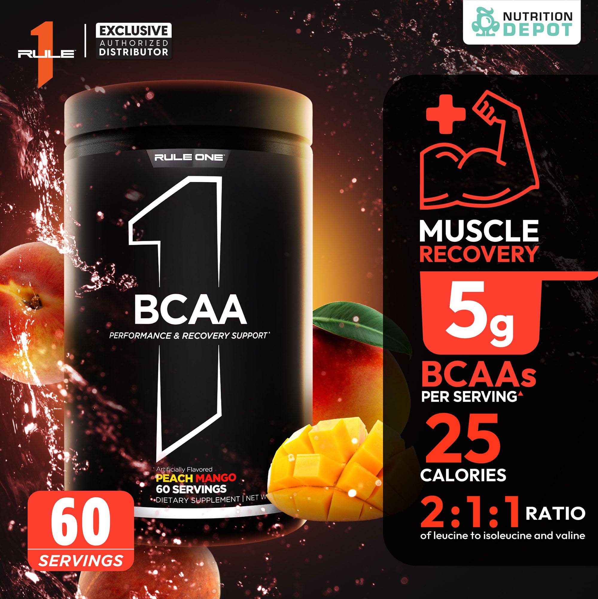Rule1 Micronized BCAA 60 Servings - Peach Mango กรดอะมิโนป้องกันการสลายตัวของกล้ามเนื้อ
