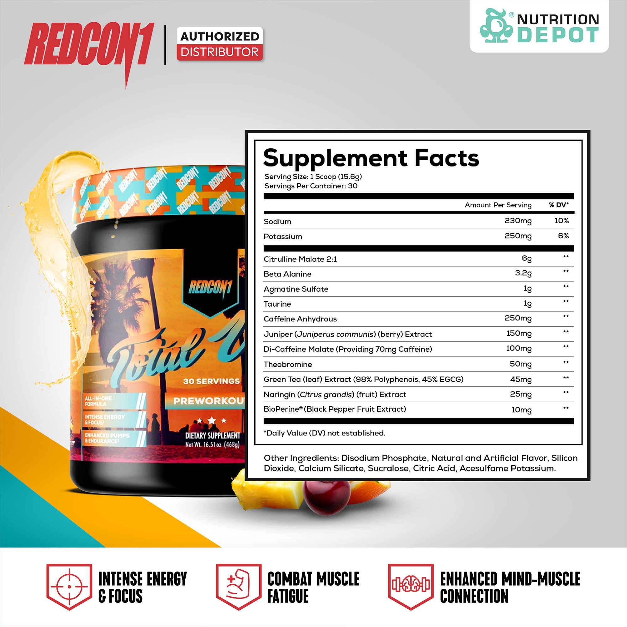 Redcon1 Total War Pre-Workout - Cali Splash 30 Servings กรดอะมิโนเพื่มแรงในการออกกำลังกาย