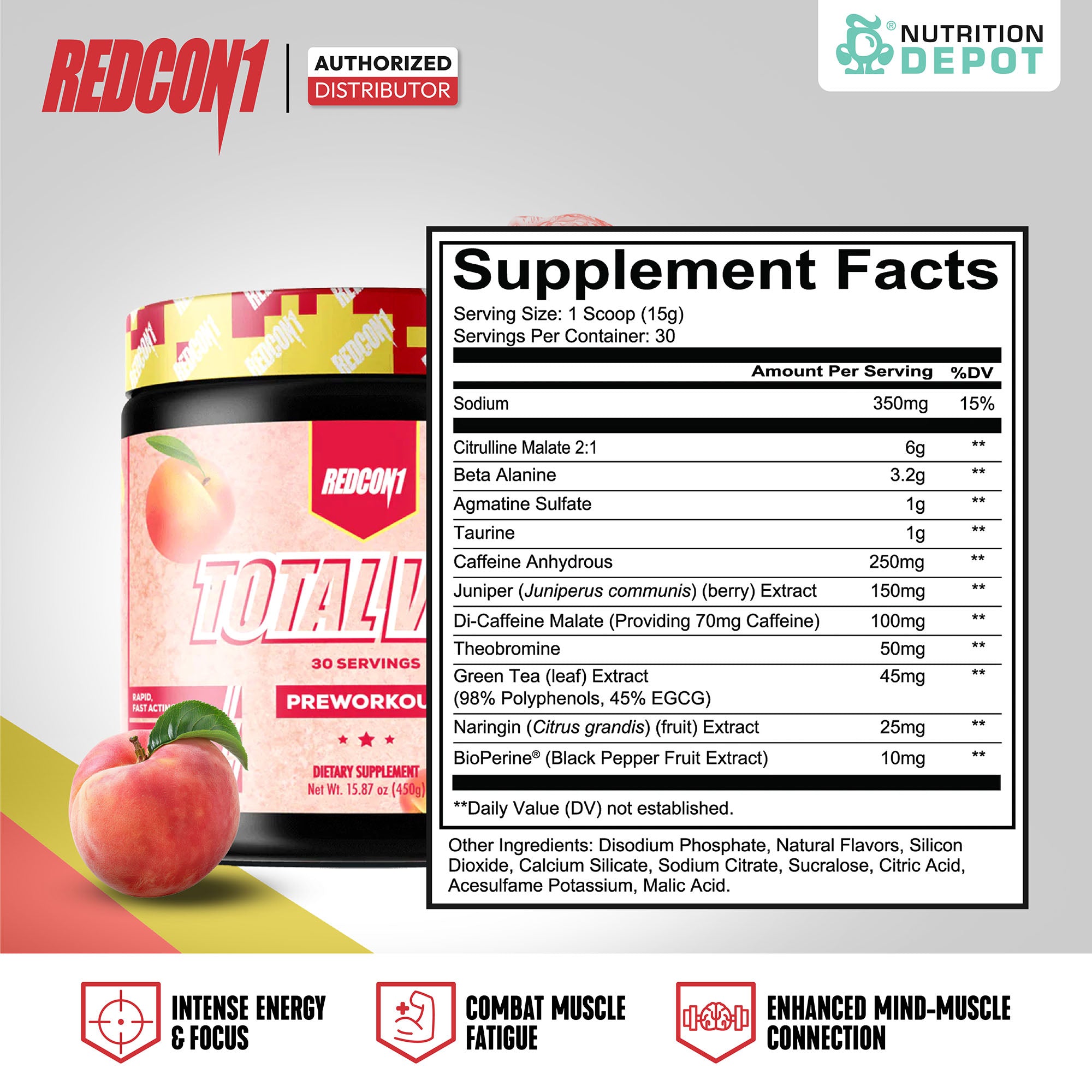 Redcon1 Total War Pre-Workout - Sour Peach Rings 30 Servings กรดอะมิโนเพื่มแรงในการออกกำลังกาย