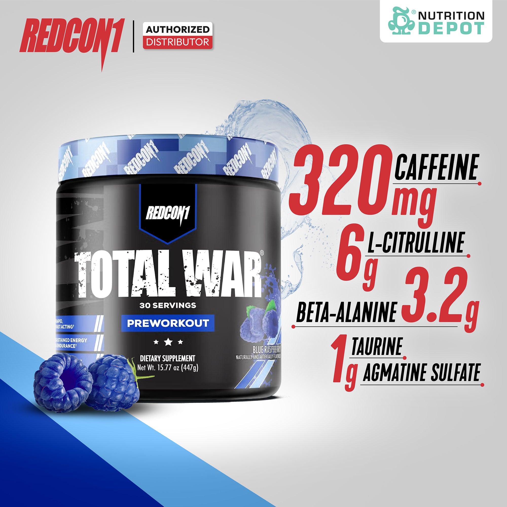 Redcon1 Total War Pre-Workout - Blue Raspberry 30 Servings กรดอะมิโนเพื่มแรงในการออกกำลังกาย