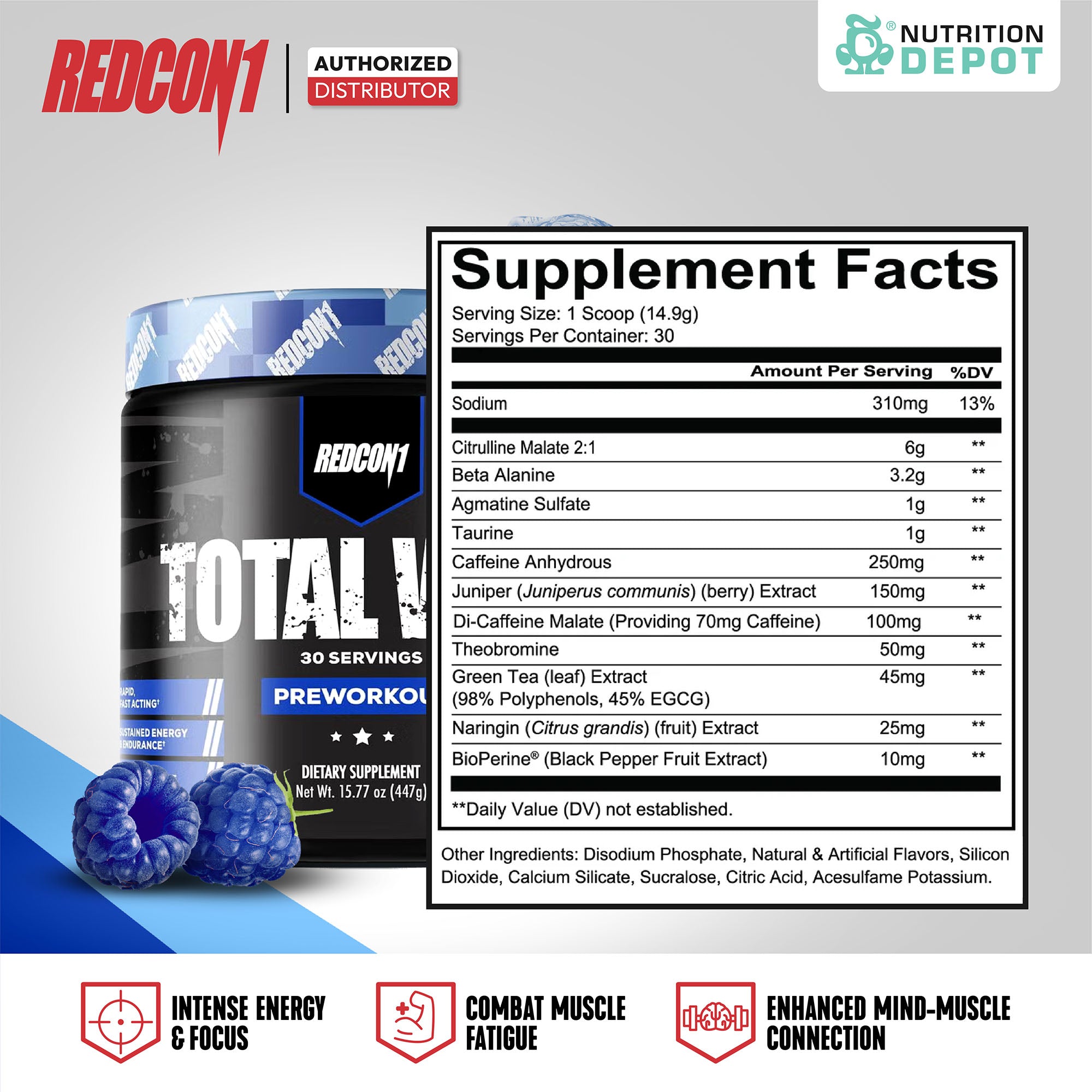 Redcon1 Total War Pre-Workout - Blue Raspberry 30 Servings กรดอะมิโนเพื่มแรงในการออกกำลังกาย