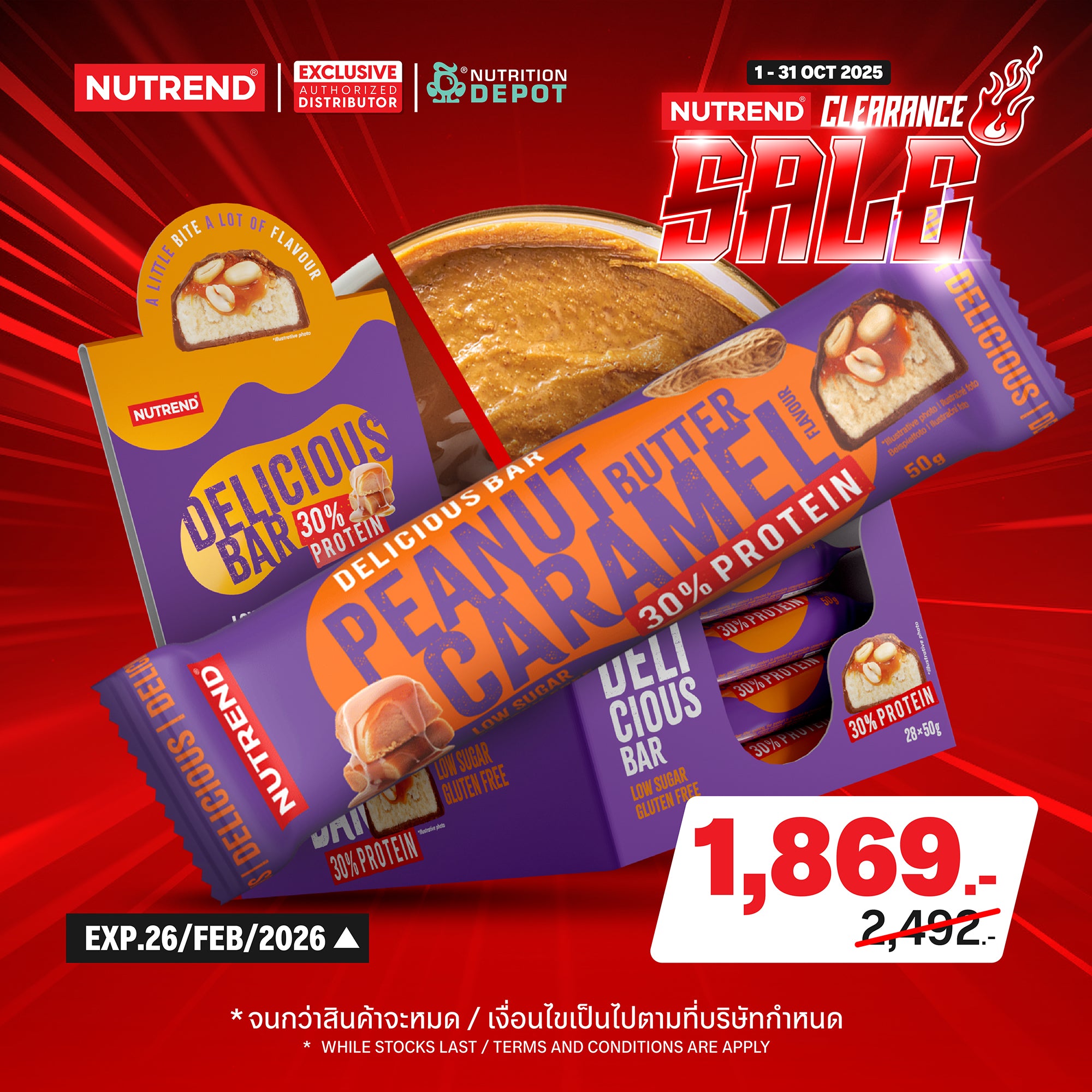 (BBF26/02/26) โปรตีนบาร์ Nutrend Delicious Bar - Peanut Butter & Caramel in Milk Chocolate (1 Box / 28 Bars)